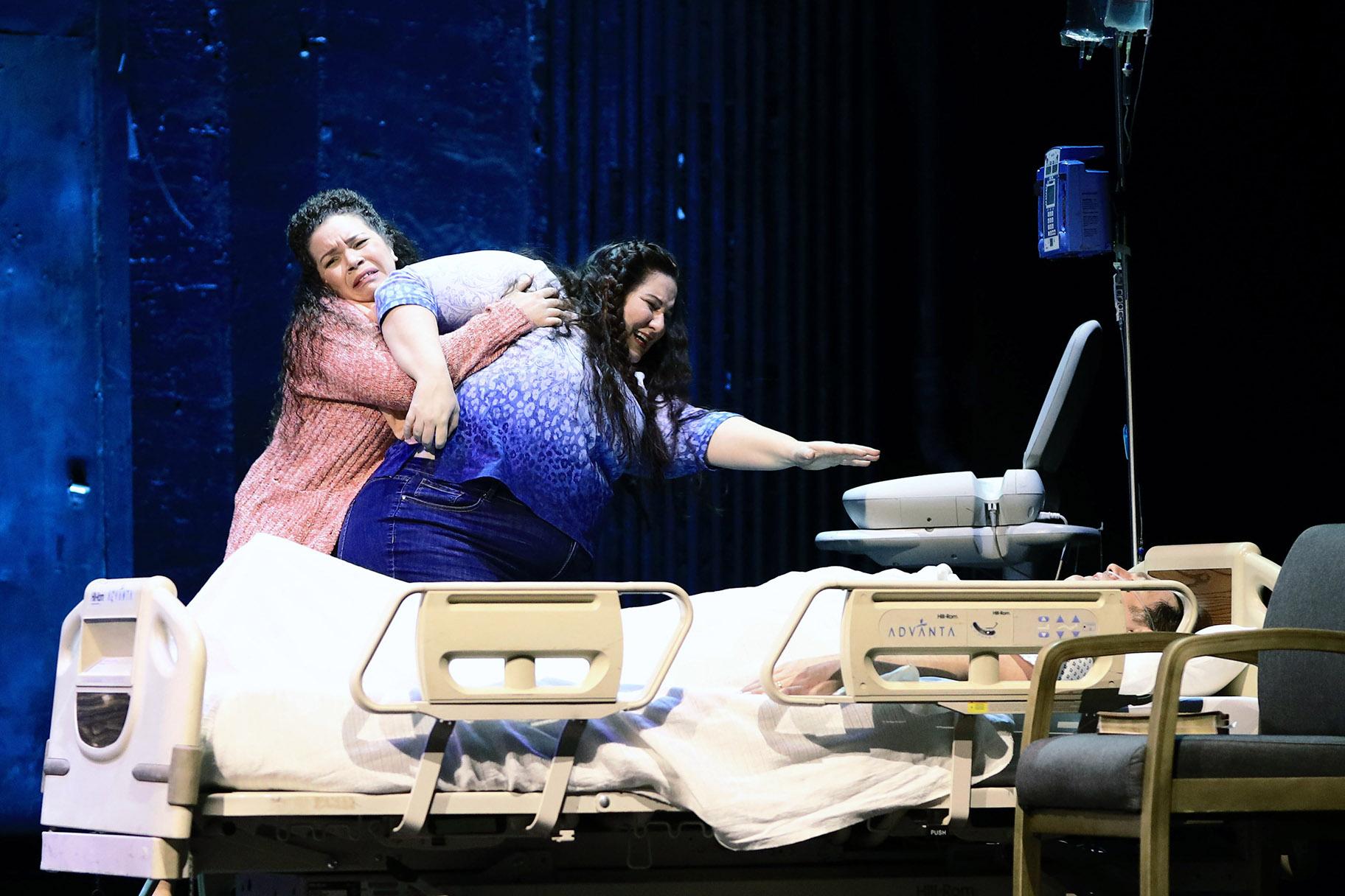 Leah Dexter, Alexandra Loutsion and Michael Mayes in “Taking Up Serpents.” (Sean Su / Chicago Opera Theater)
