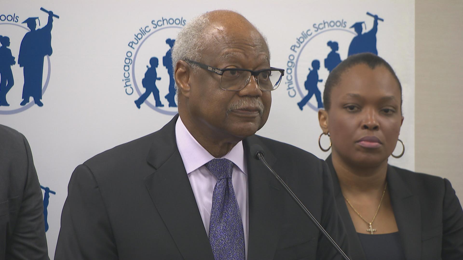 Chicago Board of Education President Frank Clark and CPS CEO Janice Jackson speak to the media Tuesday, June 12, 2018. (Chicago Tonight)