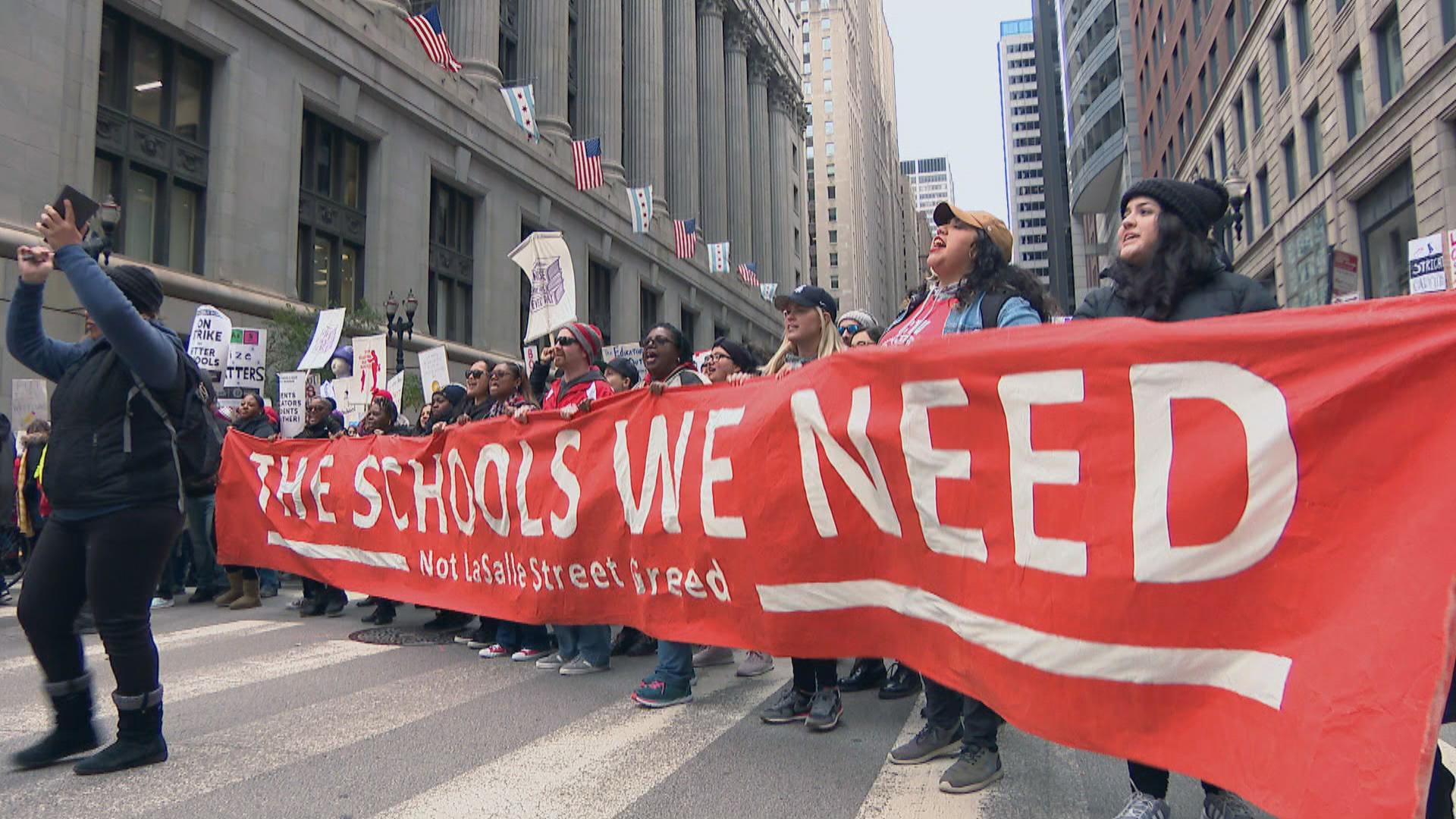 The Chicago Teachers Union and SEIU Local 73 hold a massive demonstration in the Loop on Wednesday, Oct. 23, 2019 — day five of the Chicago teachers strike. (WTTW News)