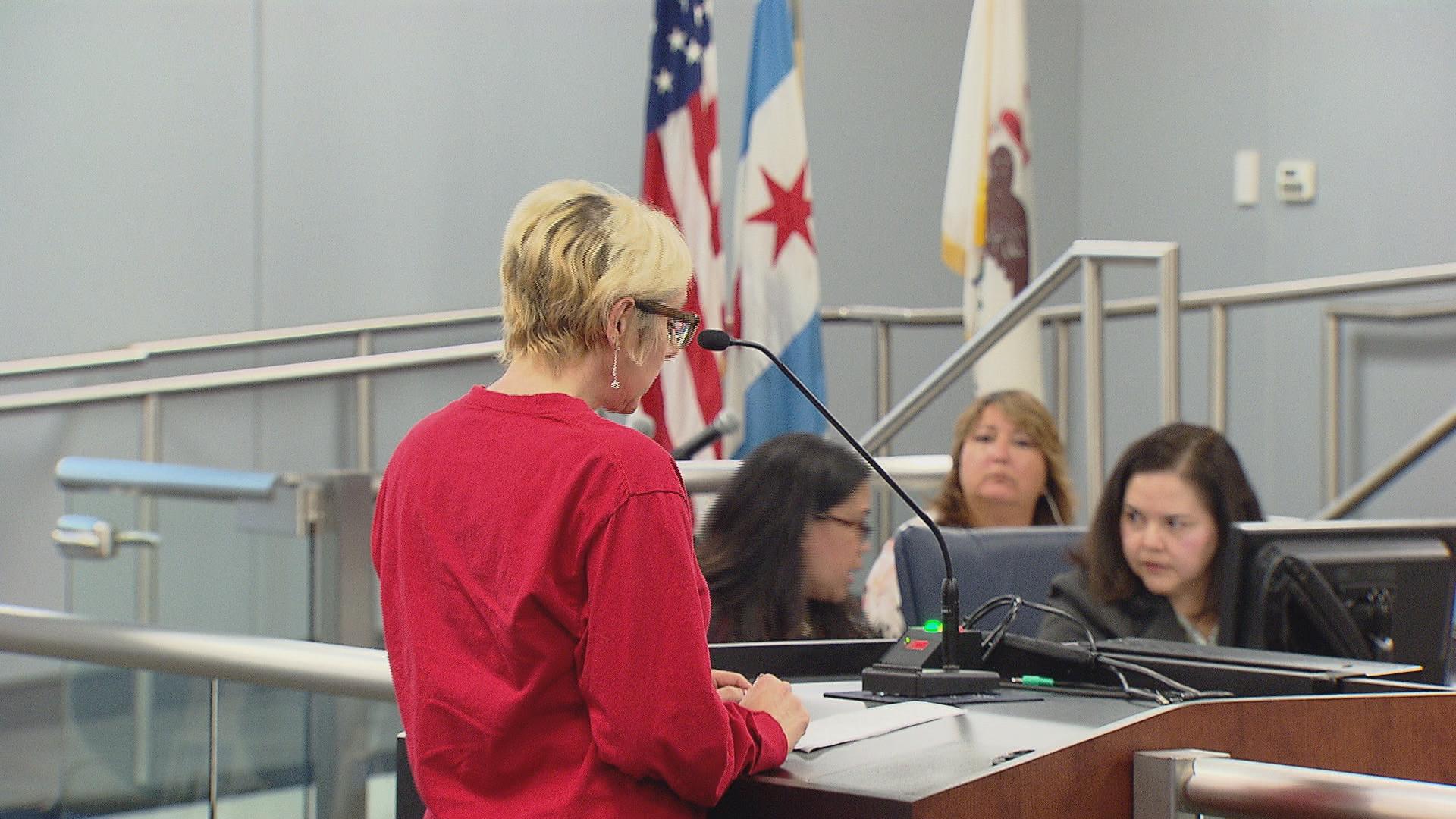 Catherine Henchek tells the Board of Education at a meeting Monday it needs to consider new revenue sources to ensure students and teachers receive the resources they need. (Chicago Tonight)