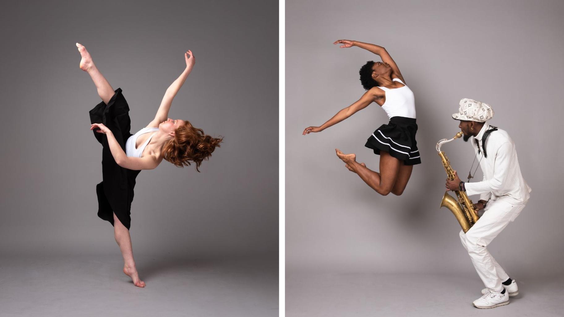 Left: Taylor Yocum. Right: Kim Davis and Isaiah Collier. (Michelle Reid / South Chicago Dance Theatre)