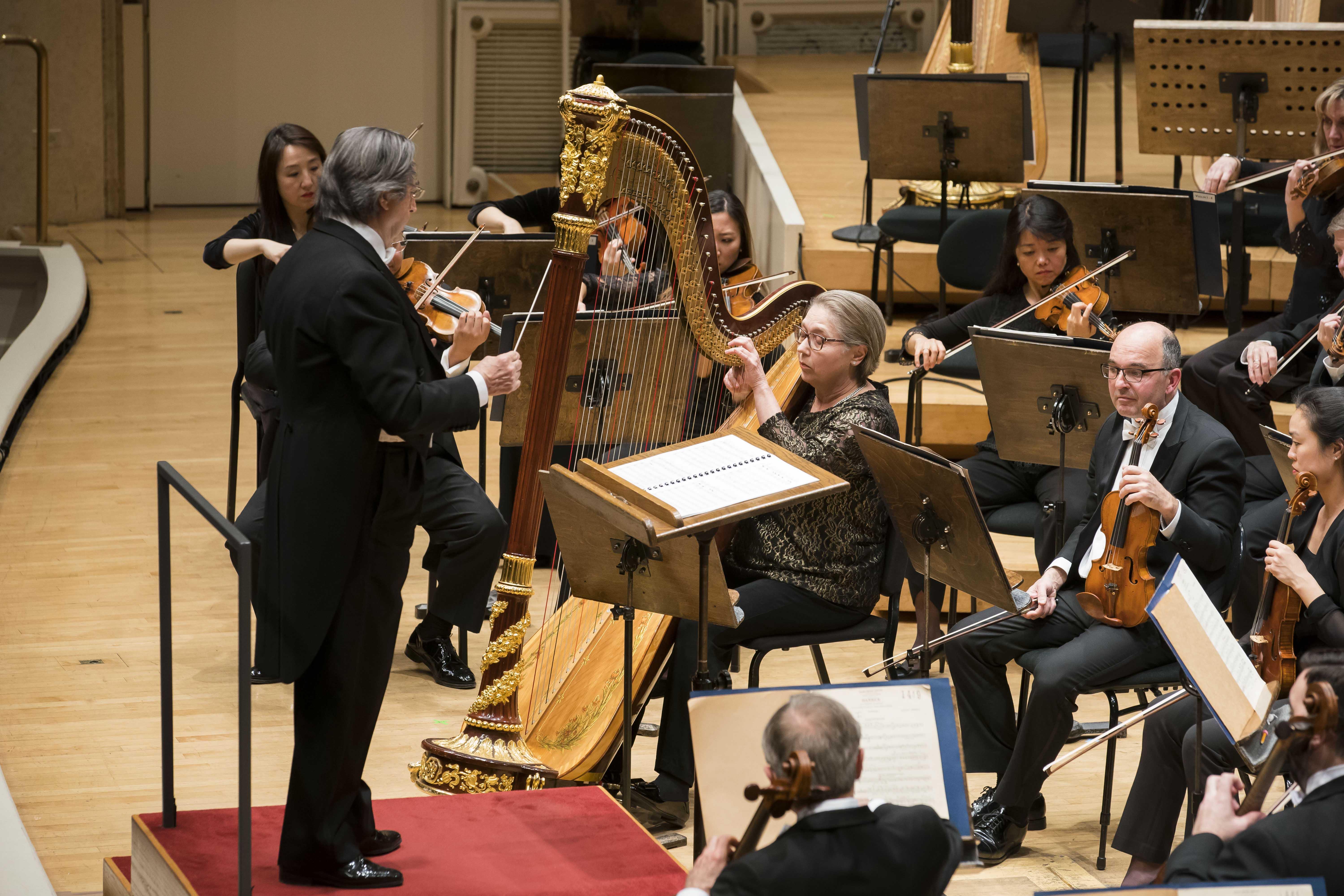 Zell Music Director Riccardo Muti leads the CSO in Debussy’s “Sacred and Profane Dances,” with CSO Principal Harp Sarah Bullen as soloist. (© Todd Rosenberg)