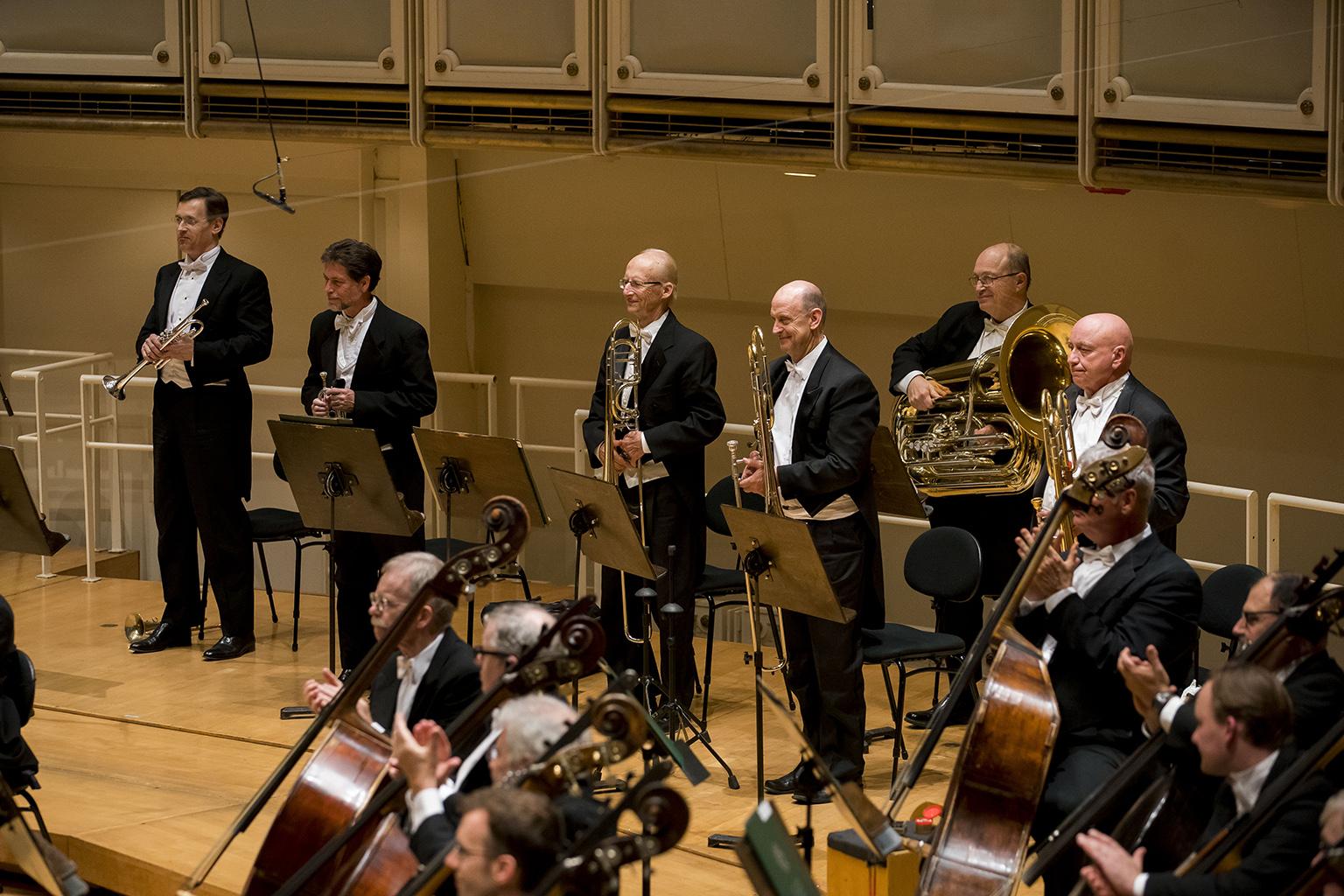 CSO Trumpets and Low Brass acknowledge the audience’s applause following their performance of Hindemith’s “Mathis der Maler” Symphony with Zell Music Director Riccardo Muti and the CSO.