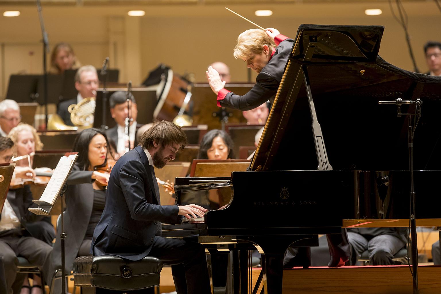 Daniil Trifonov is soloist in Prokofiev’s Piano Concerto No. 3 with guest conductor Marin Alsop and the CSO. (© Todd Rosenberg)