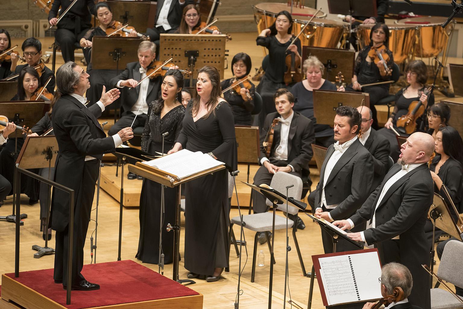 Soprano Vittoria Yeo, mezzo-soprano Daniela Barcellona, tenor Piotr Beczala and bass Dmitry Belosselskiy are soloists in Verdi’s Requiem with the Chicago Symphony Orchestra and Chorus led by Zell Music Director Riccardo Muti. (© Todd Rosenberg)