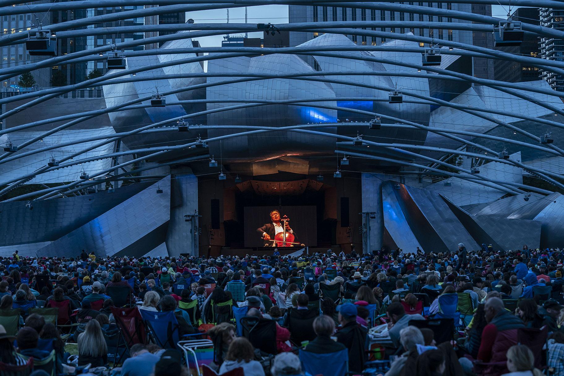 Yo-Yo Ma performs at Jay Pritzker Pavilion in Millennium Park as part of his 36-concert Bach Project on June 20, 2019. (Credit: Todd Rosenberg)