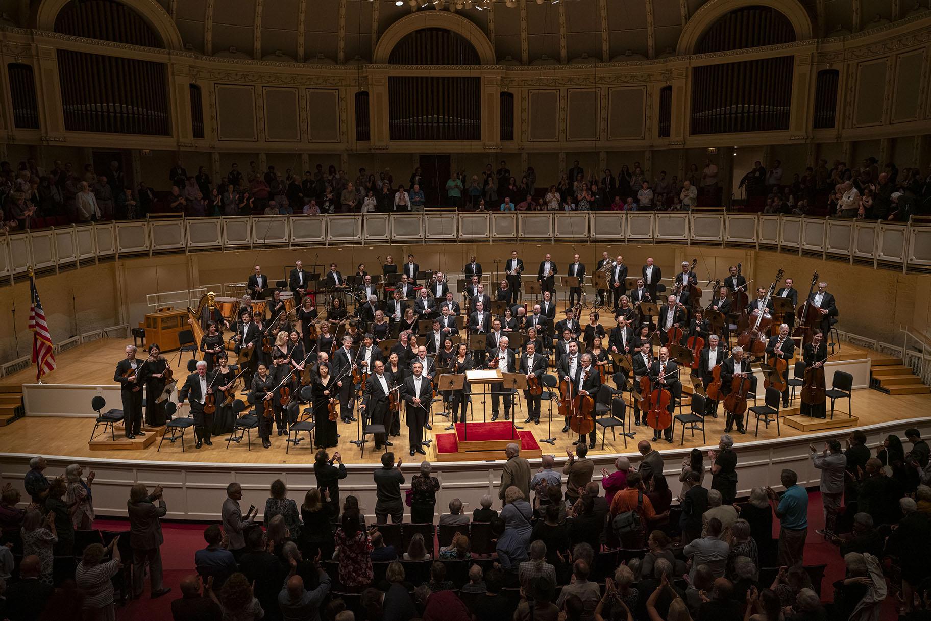 Riccardo Muti and the Chicago Symphony Orchestra acknowledge audience applause following their opening program of the 2019-‘20 season on Sept. 19, 2019, in Orchestra Hall. (Photo by Todd Rosenberg)