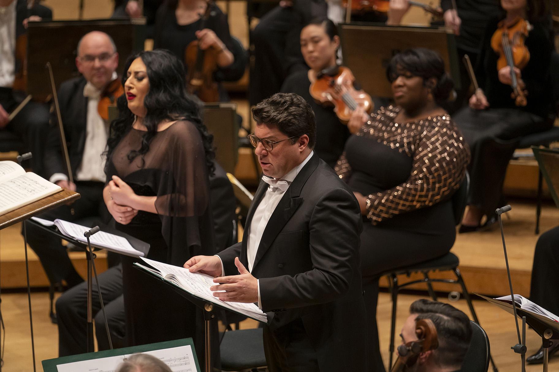 Baritone Luca Salsi, left, and mezzo-soprano Anita Rachvelishvili, right, perform the roles of Alfio and Santuzza respectively in the Chicago Symphony Orchestra’s concert performance of “Cavalleria rusticana” at Symphony Center on Feb. 6, 2020. (Credit: Todd Rosenberg)