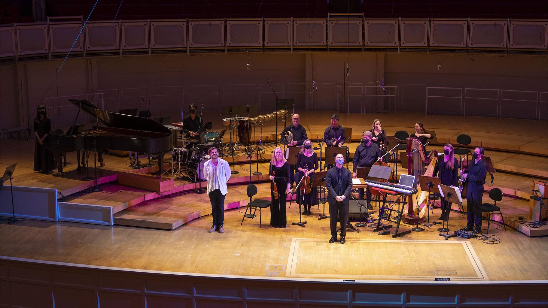 Composer Ted Hearne joins conductor Michael Lewanski, musicians from the CSO and guests following a performance of Authority that concluded the first CSO MusicNOW program of the 2021-22 season.