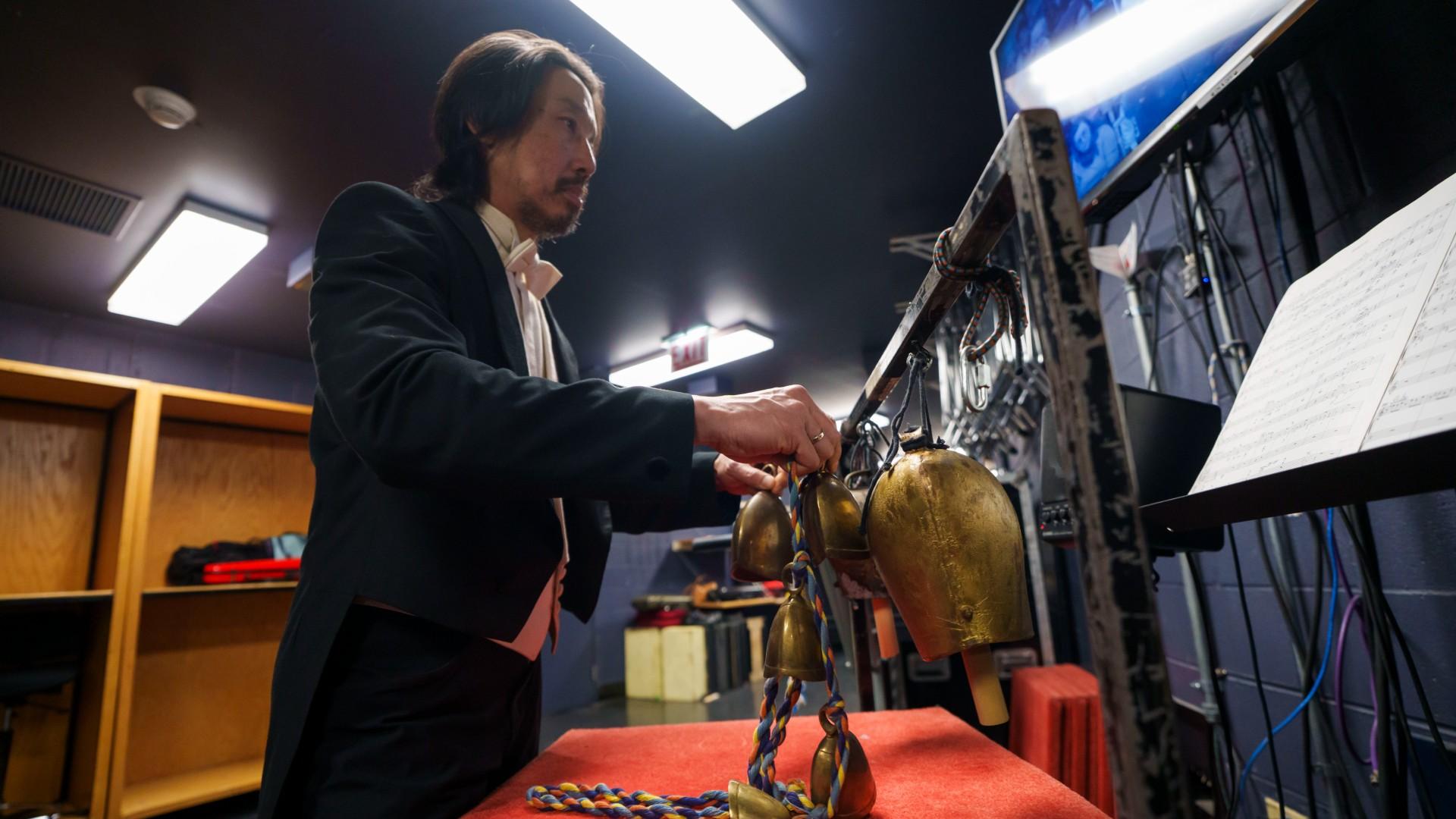 Guest percussionist Ian Ding featured offstage playing cowbells in a performance of Gustav Mahler’s “Symphony No. 7” on April 17, 2025. (Todd Rosenberg Photography)