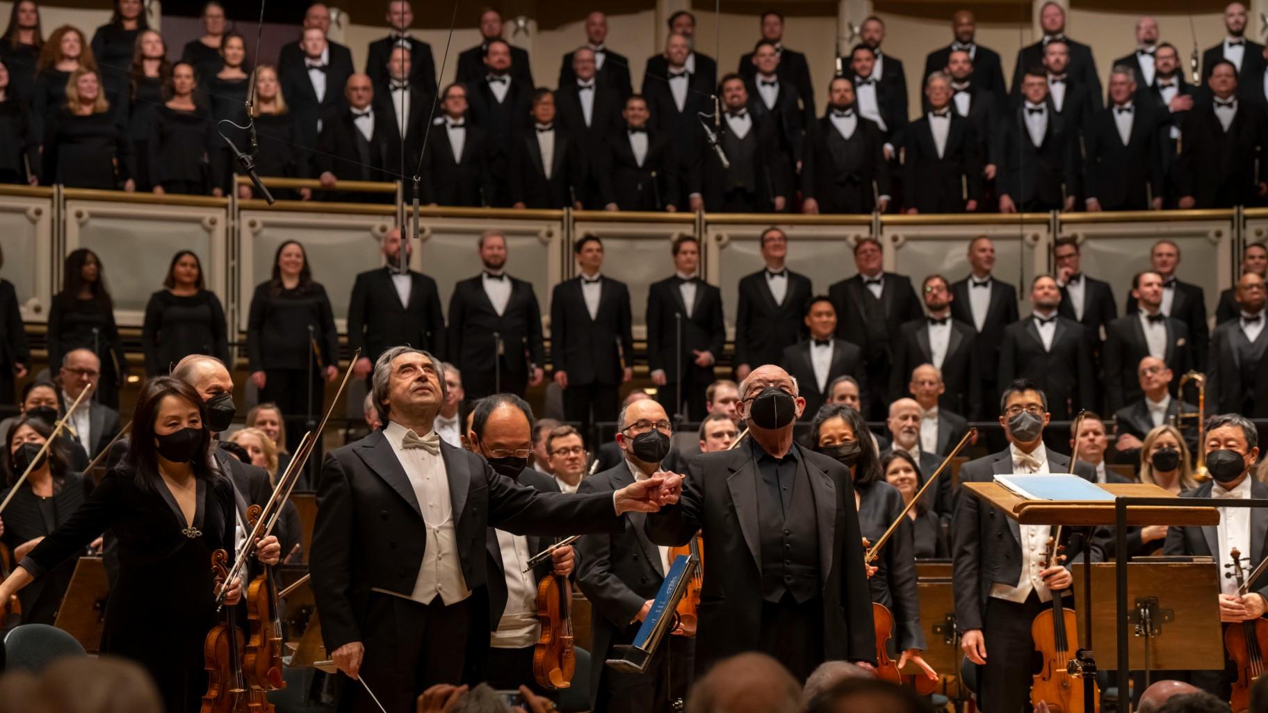 Music Director Riccardo Muti and Chorus Director Duain Wolfe acknowledge the audience following a performance of Beethoven’s “Symphony No. 9” on Feb. 24, 2022. (Credit: Todd Rosenberg)