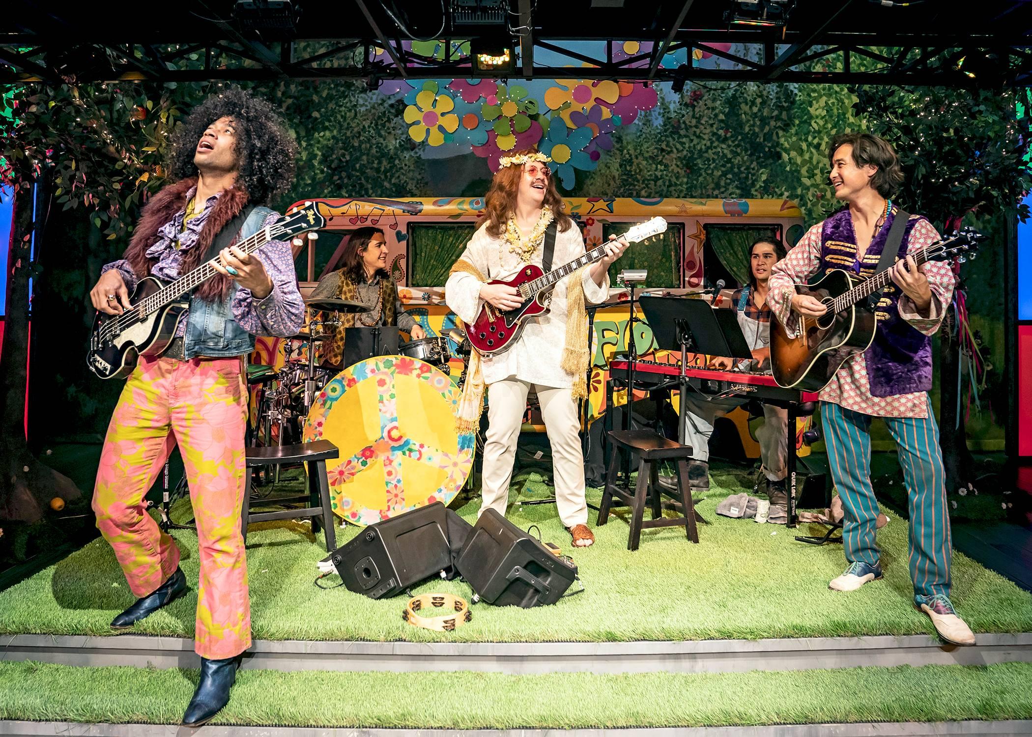 The Forest Lords of Arden (left to right: Austin Eckert, Jeff Kurysz, Adam Wesley Brown, Michael Daniel Dashefsky, Kurt Schweitz) jam to the hit song of The Beatles in Chicago Shakespeare Theater’s production of “As You Like It,” adapted and directed by Daryl Cloran, in the Courtyard Theater, Oct. 6–Nov. 21. (Photo by Liz Lauren)