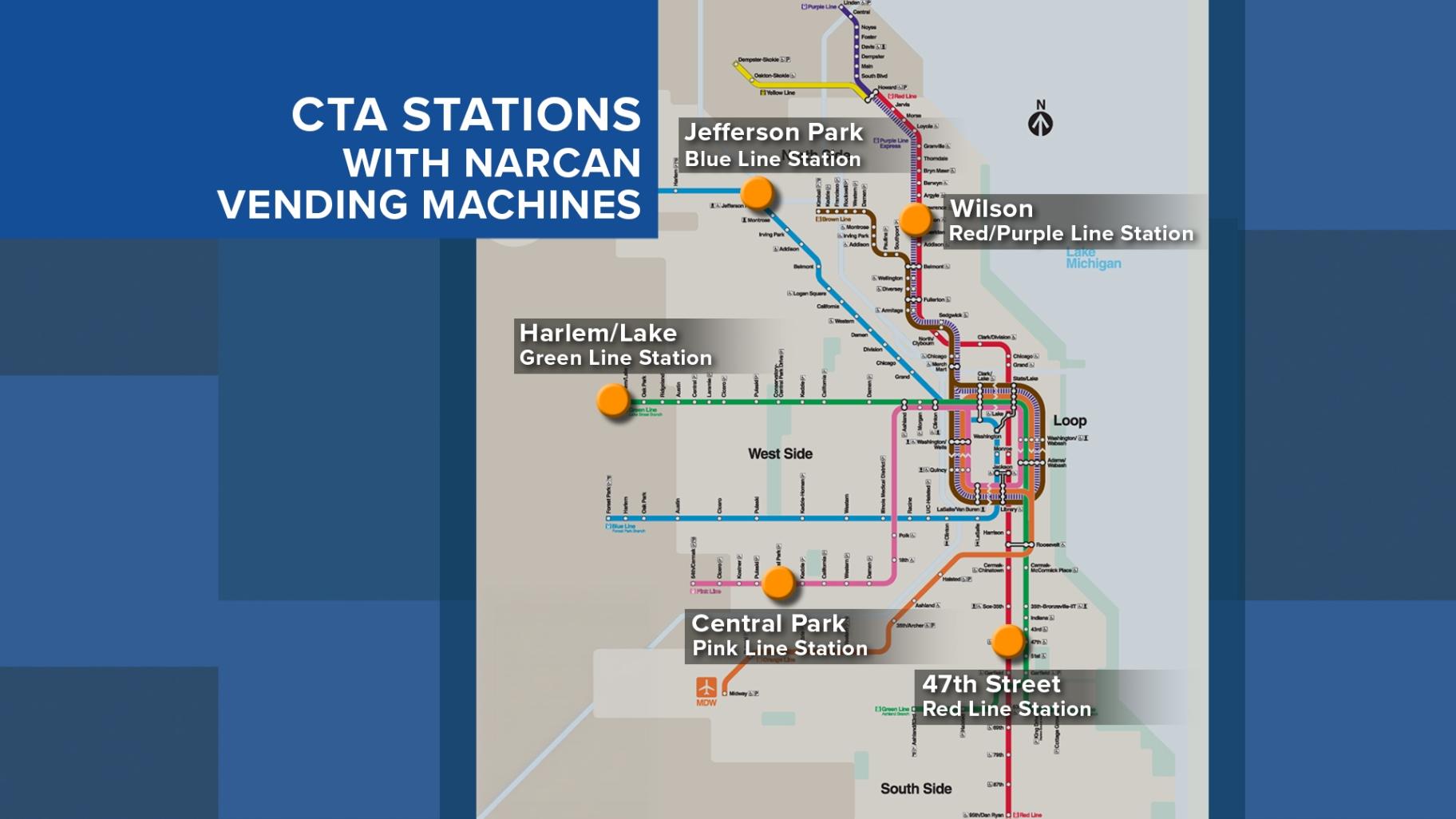 Vending machines containing free Narcan will be placed at five CTA stations throughout Chicago. (WTTW News)
