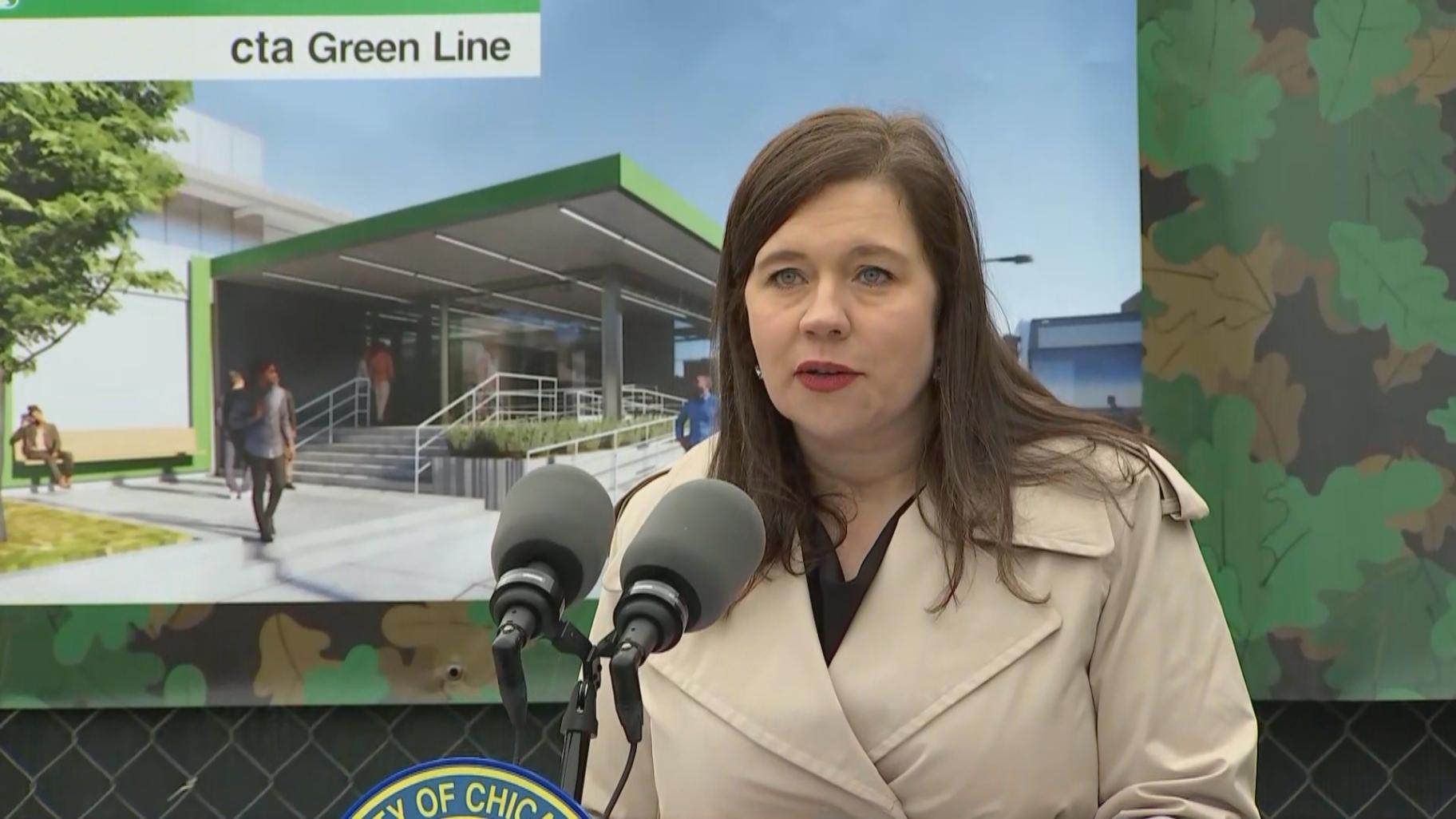 Chicago Transit Authority Acting President Nora Leerhsen speaks during a groundbreaking event at the Austin Green Line station at the West Side neighborhood on March 31, 2025. (WTTW News)