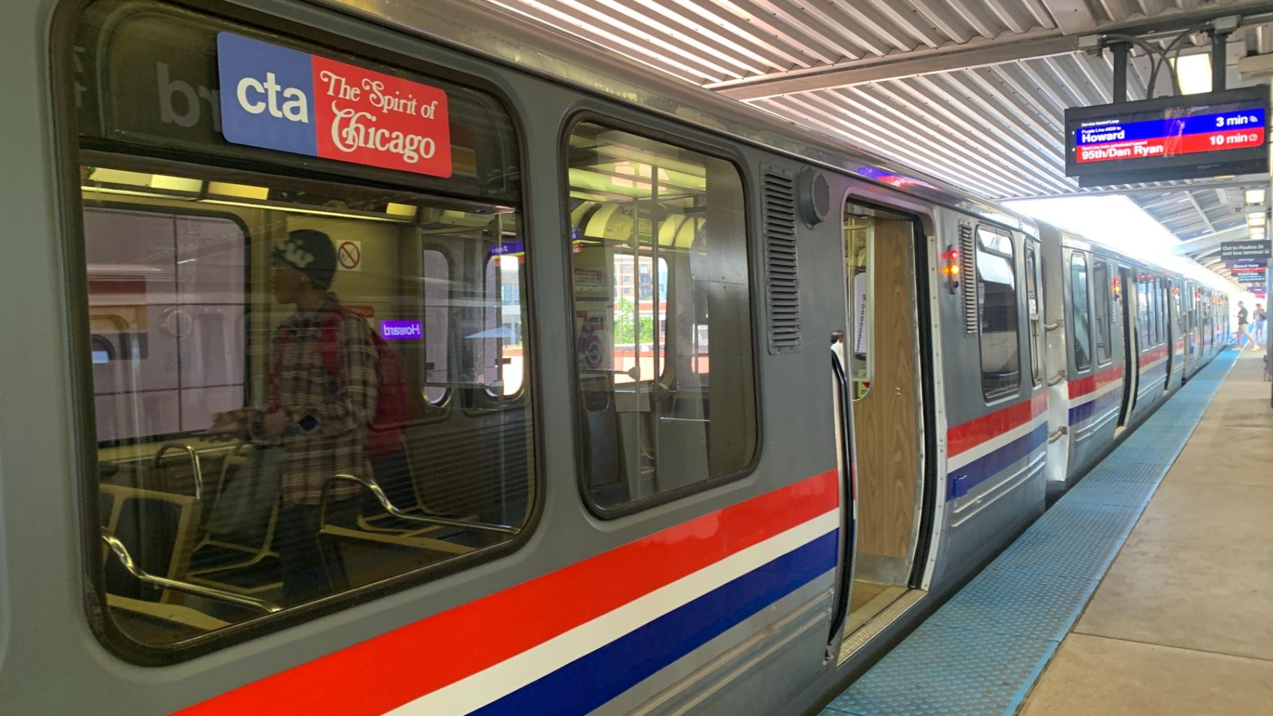 Exterior of the CTA's 2400-series railcars from the 1970s at the Howard Red Line Station on May 16, 2025. (Eunice Alpasan / WTTW News)