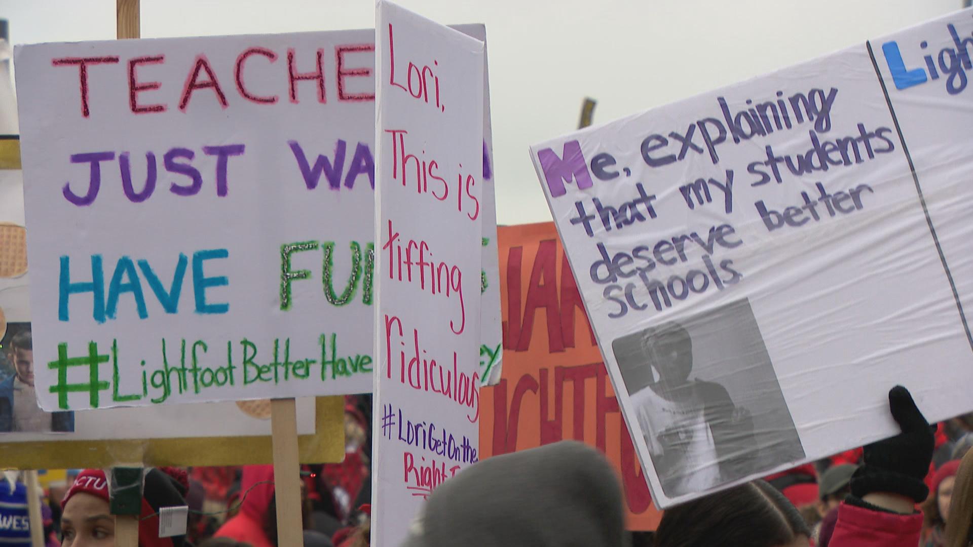 Chicago Teachers Union members hold a rally at the Lincoln Yards development on day nine of the strike, Tuesday, Oct. 29, 2019. (WTTW News)