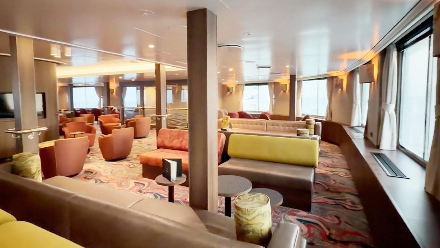 A view of the inside of the Dutch-flagged MV Hondius, a cruise ship carrying nearly 150 people as it remains off Cape Verde on Monday, May 4, 2026 after three passengers died and several others fell seriously ill in a suspected hantavirus outbreak. (Qasem Elhato via AP)
