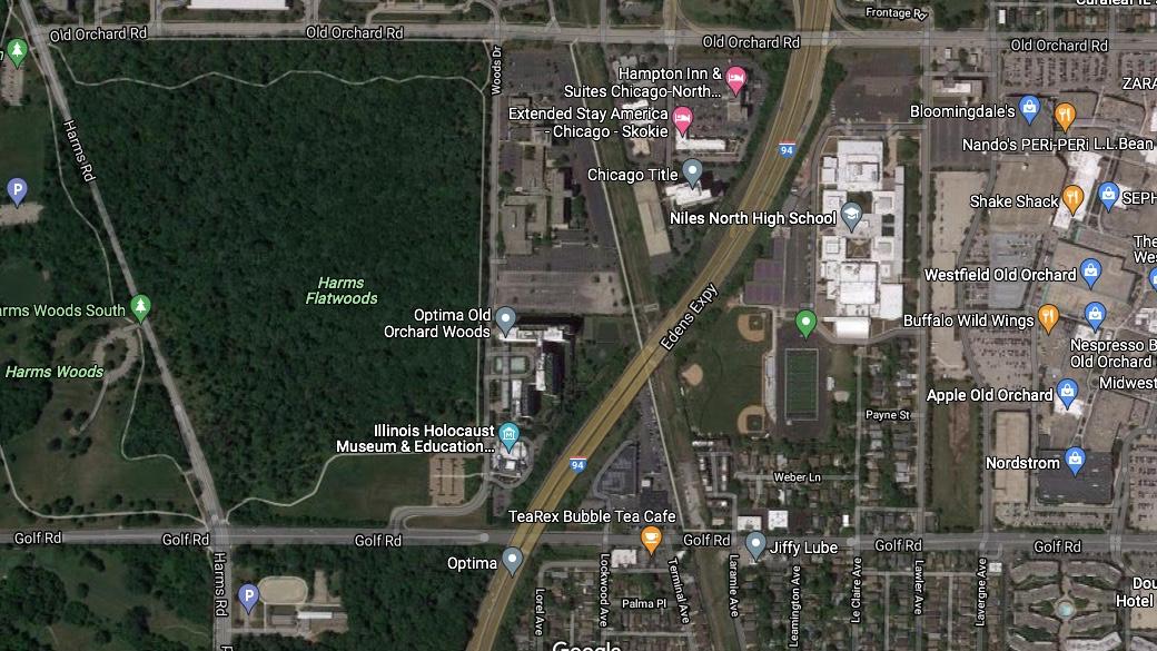 A satellite view of the Carvana site, currently a vacant lot just north of the Optima development, with the Edens Expressway to the east. (Google maps)