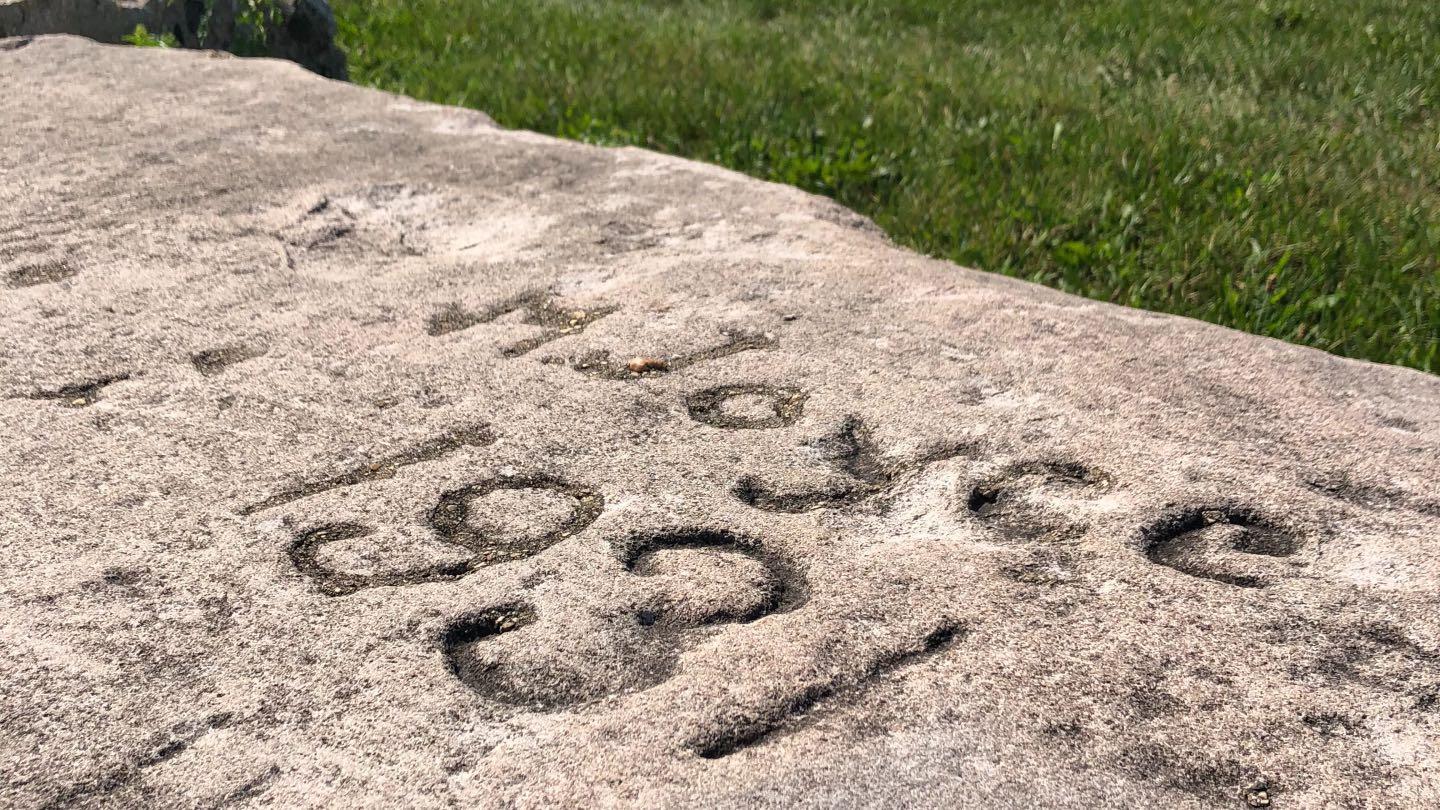 "M. Joyce 1931," the carving with the oldest date attached, salvaged at Belmont.  (Patty Wetli / WTTW News)