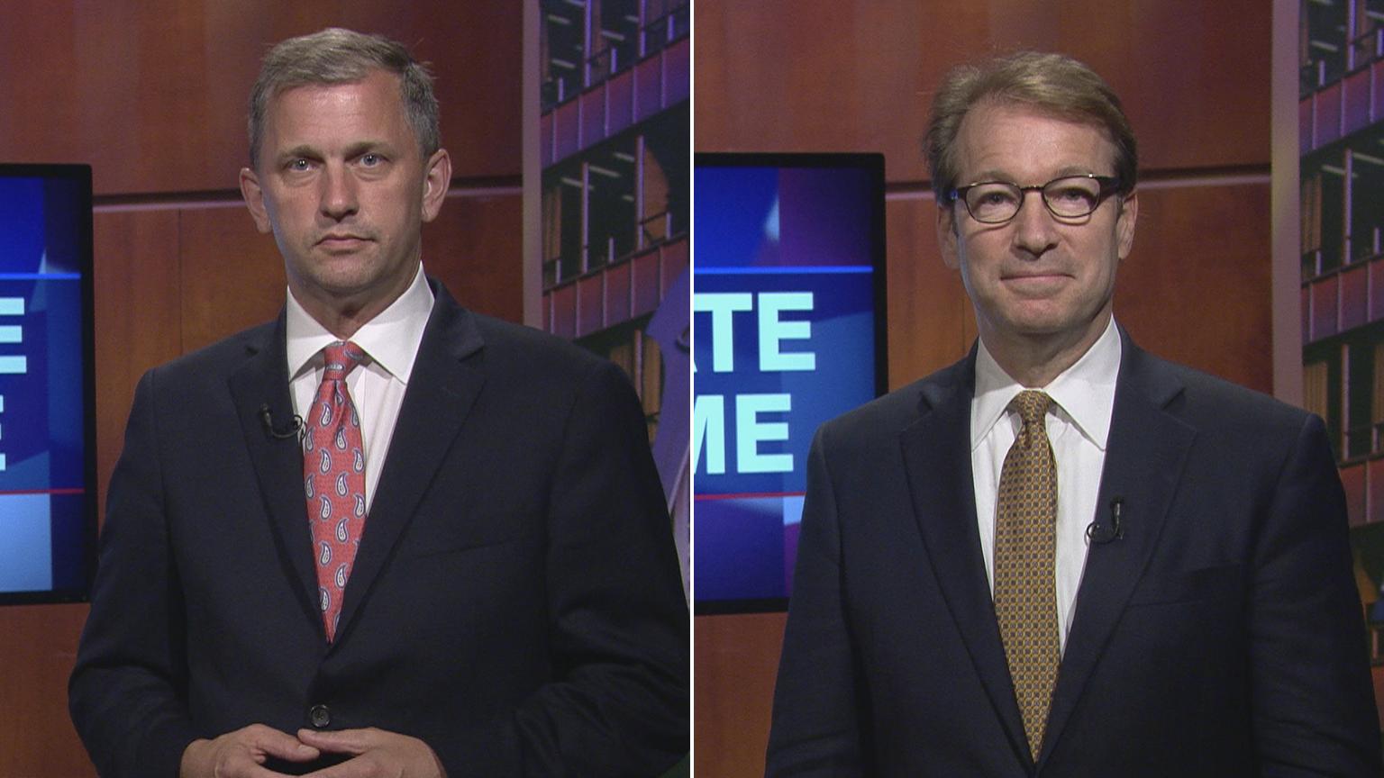 Sean Casten, left, and U.S. Rep. Peter Roskam appear on “Chicago Tonight” on Oct. 22, 2018.