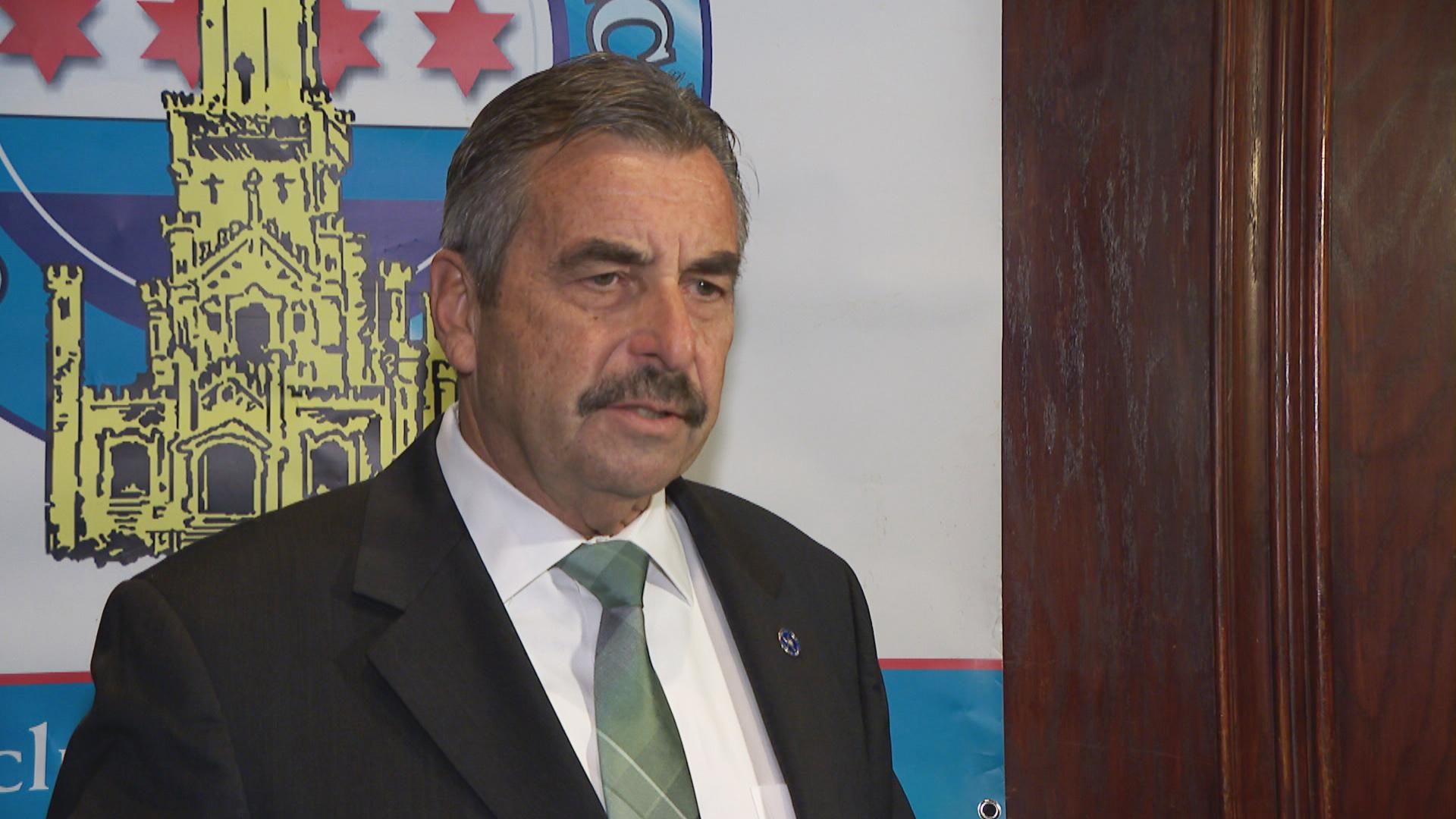 Interim Chicago Police Superintendent Charlie Beck addresses the media following his remarks at the City Club of Chicago on Monday, Jan. 13, 2020. (WTTW News)