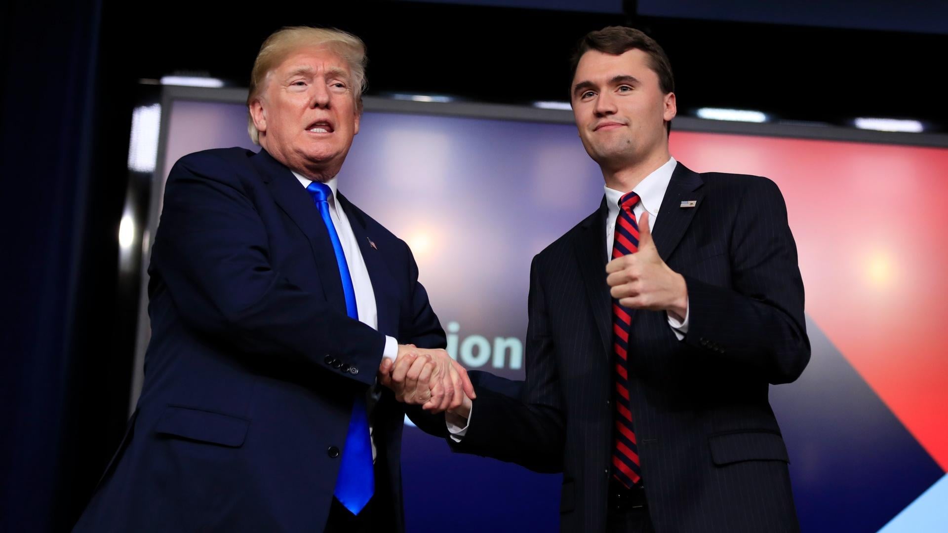 President Donald Trump shakes hands with moderator Charlie Kirk, during a Generation Next White House forum at the Eisenhower Executive Office Building on the White House complex in Washington, Thursday, March 22, 2018. (AP Photo / Manuel Balce Ceneta, File)