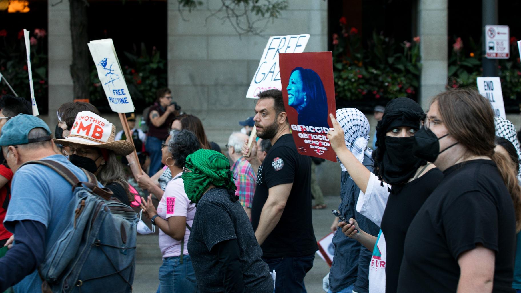 Protesters March down Michigan Avenue in Chicago on Sunday, Aug. 18, 2025, ahead of the start of the Democratic National Convention. (Michael Izquierdo / WTTW News)