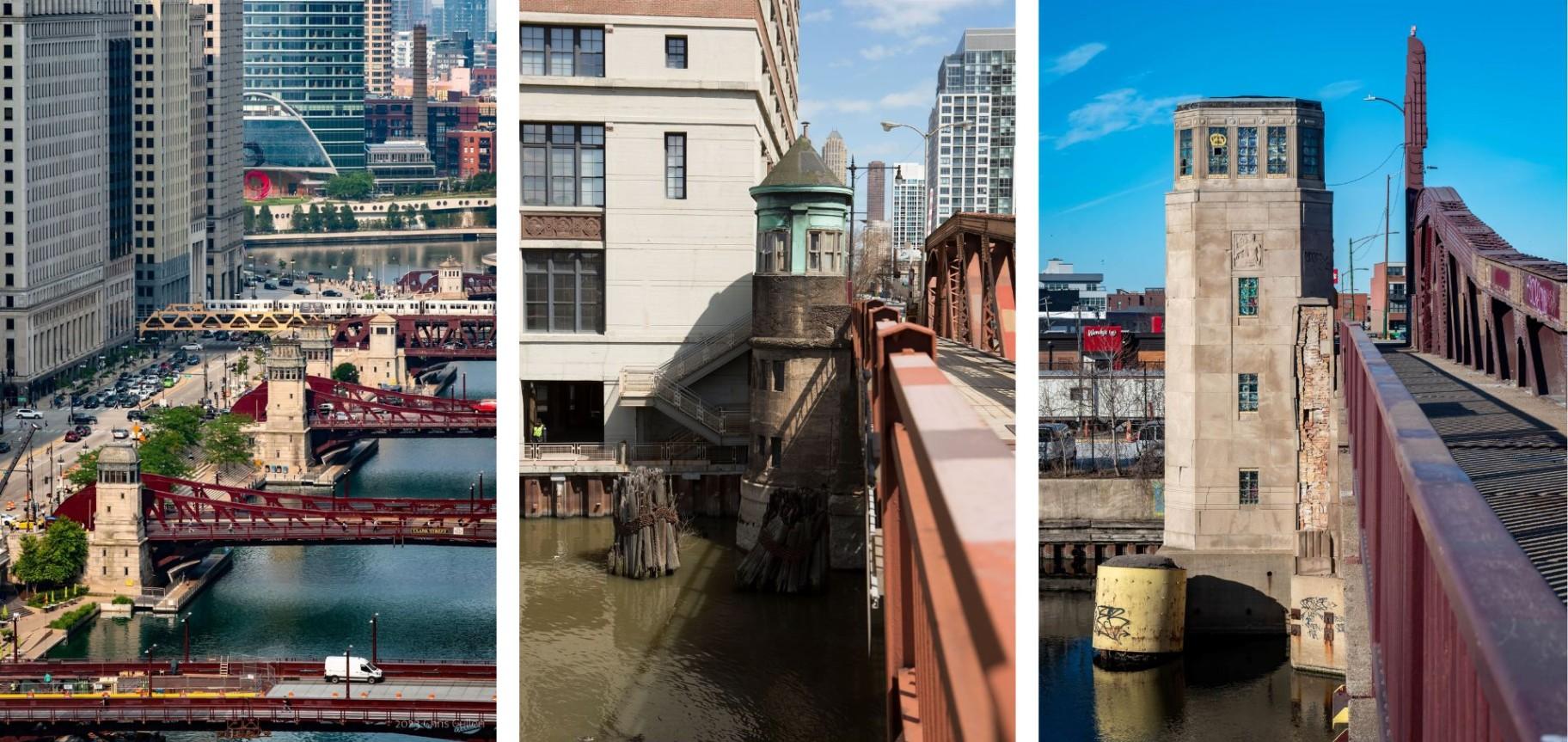 Left: Chicago River bridges and bridge tender houses. (Chris Cullen) Center: Chicago Avenue Bridge prior to demolition. (Mejay Gula / Tender House Project) Right: Ashland Avenue Bridge tender house. (Chris Cullen)