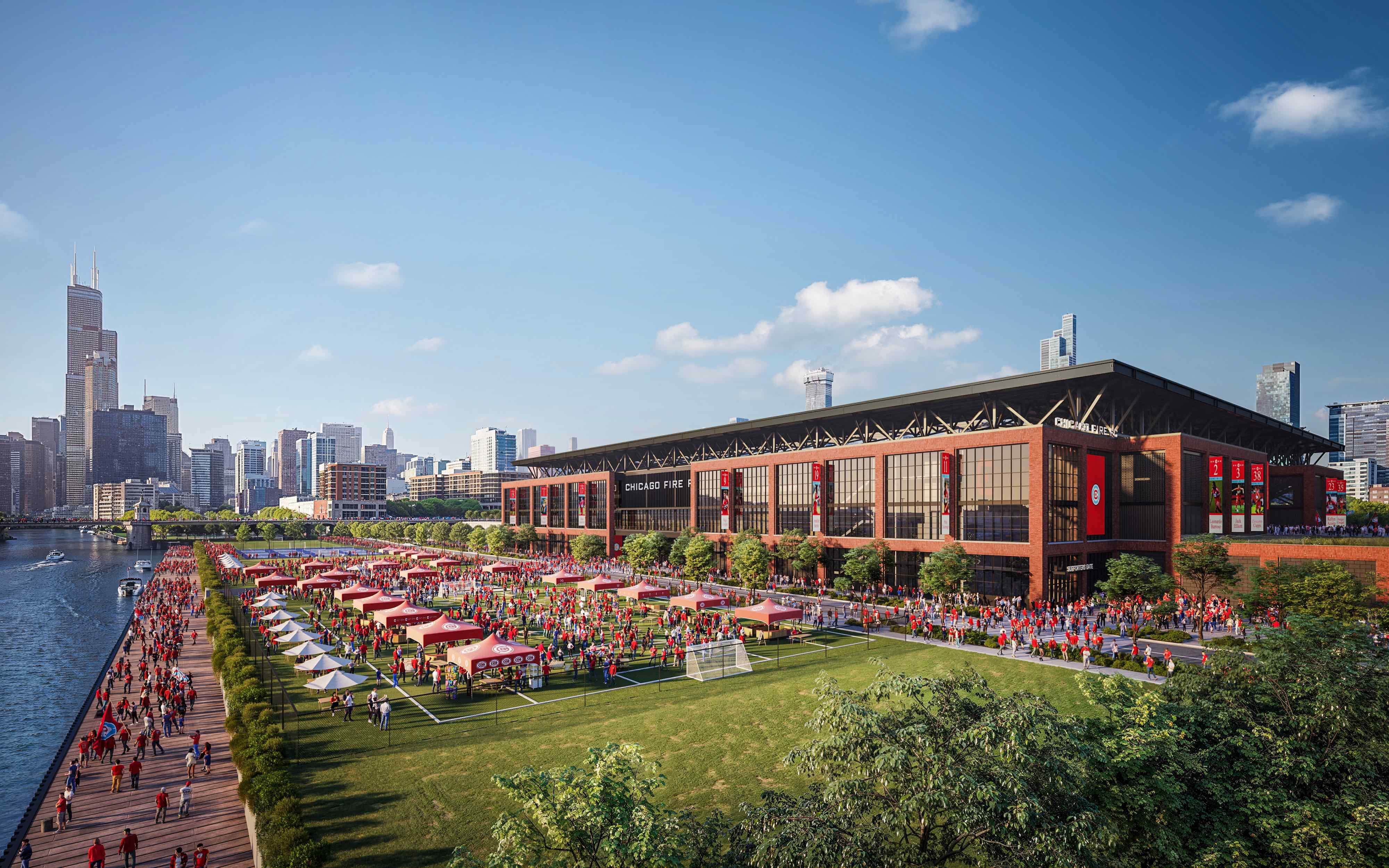 A rendering of the proposed Chicago Fire stadium, which is being planned as an anchor of &quot;The 78,&quot; Related Midwest's 62-acre development of a former rail yard on the South Branch of the Chicago River. (Courtesy Chicago Fire FC and Gensler)