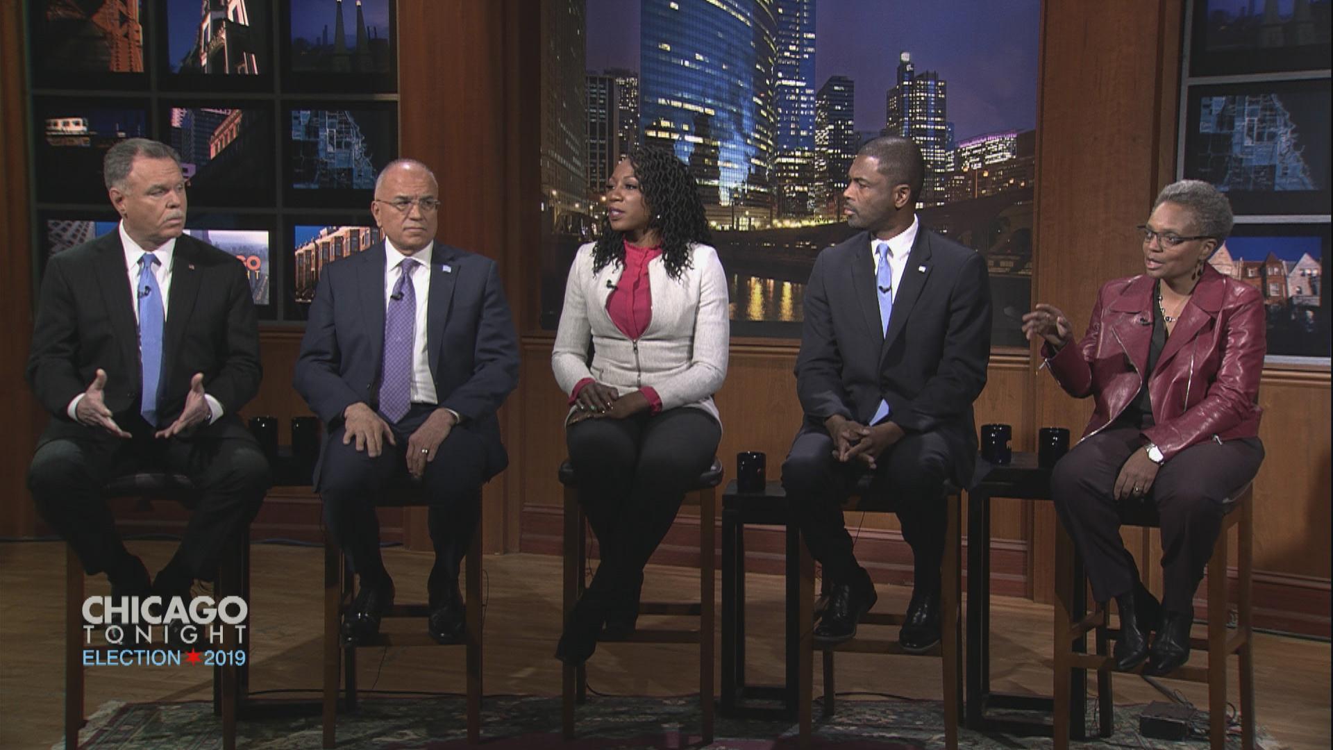 Chicago mayoral candidates Garry McCarthy, Gery Chico, Amara Enyia, La Shawn Ford and Lori Lightfoot appear on “Chicago Tonight” Tuesday, Feb. 19, 2019.