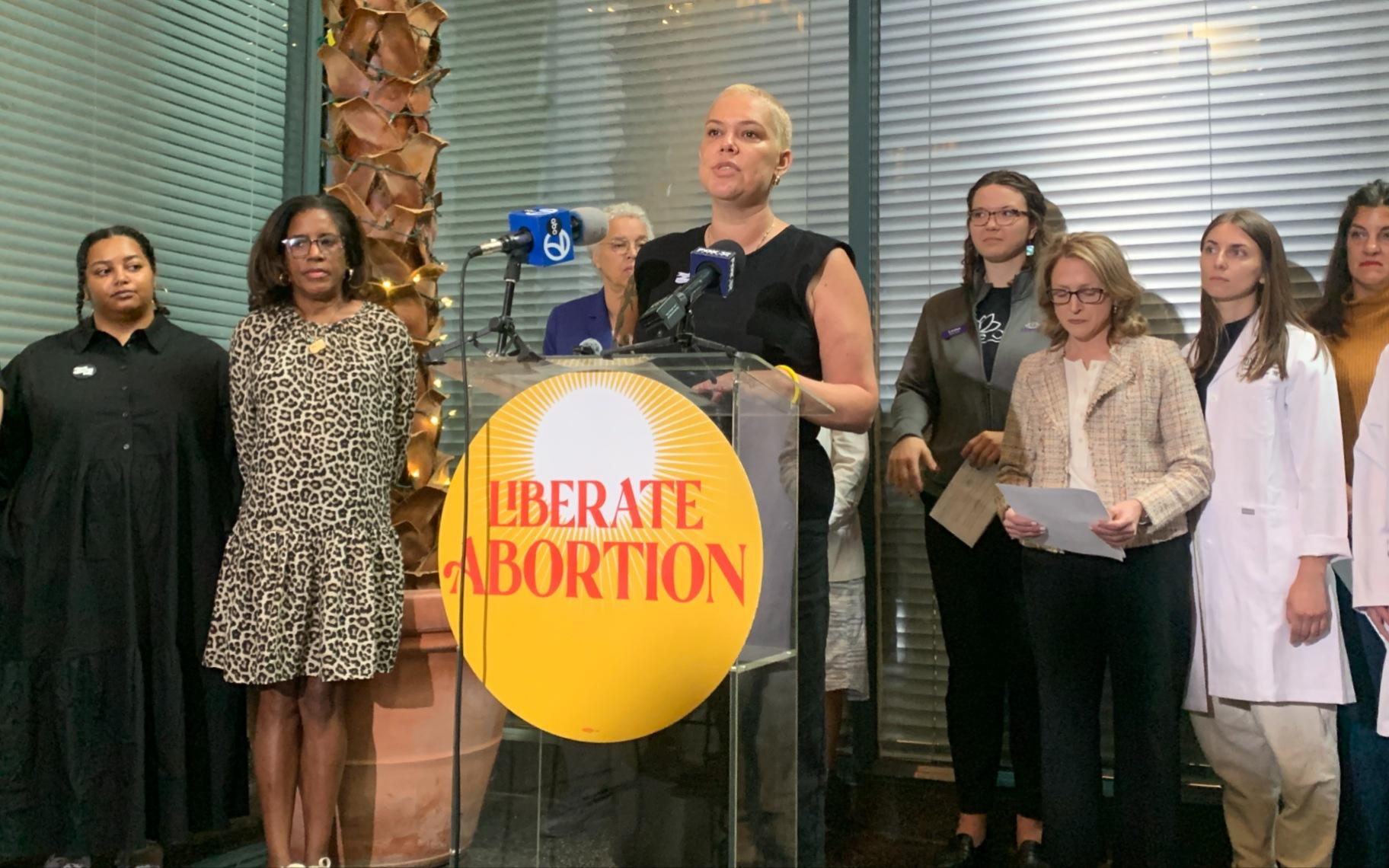 Chicago Abortion Fund Executive Director Megan Jeyifo speaks during a news conference on Sept. 25, 2025. (Eunice Alpasan / WTTW News)