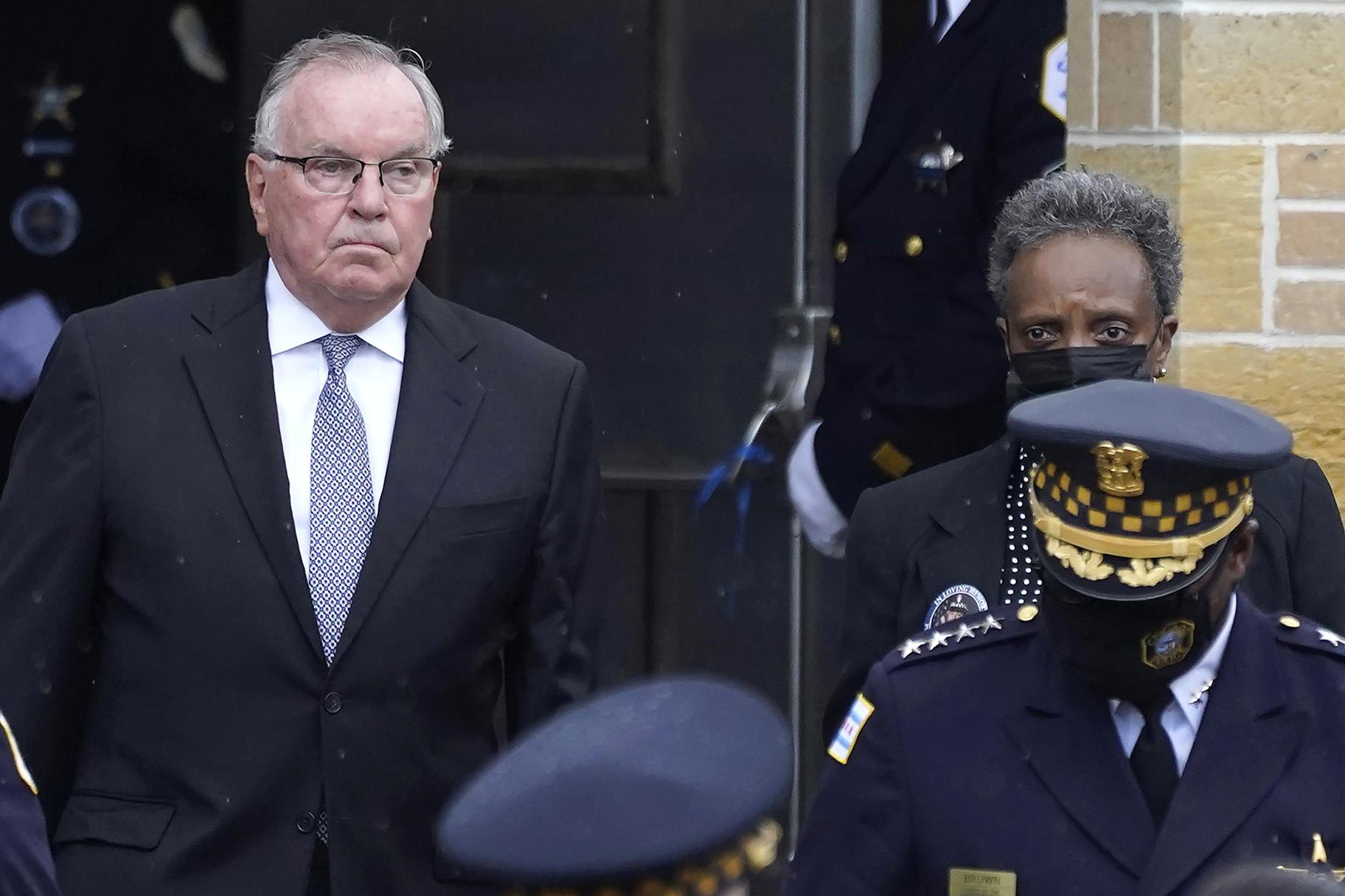 Former Chicago mayor Richard M. Daley, left, and Mayor Lori Lightfoot depart the funeral service for Chicago police officer Ella French at the St. Rita of Cascia Shrine Chapel Thursday, Aug. 19, 2021, in Chicago. (AP Photo / Charles Rex Arbogast)