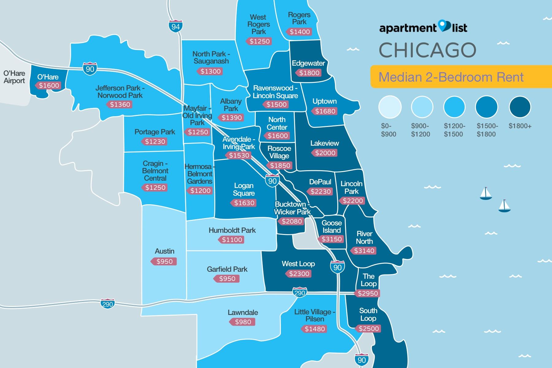 Map shows variety in rent prices of two-bedroom units throughout a number of neighborhoods. (Courtesy of Apartment List)