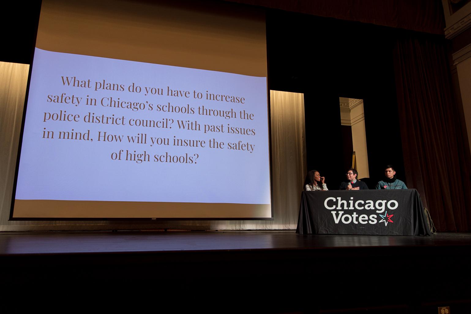 Police District Council candidates for the 25th District are prompted with a question on what plans they have to increase safety in Chicago’s schools if elected. From left to right, Angelica P. Green, Edgar “Edek” Esparza and Saúl Arellano. (Michael Izquierdo / WTTW News)
