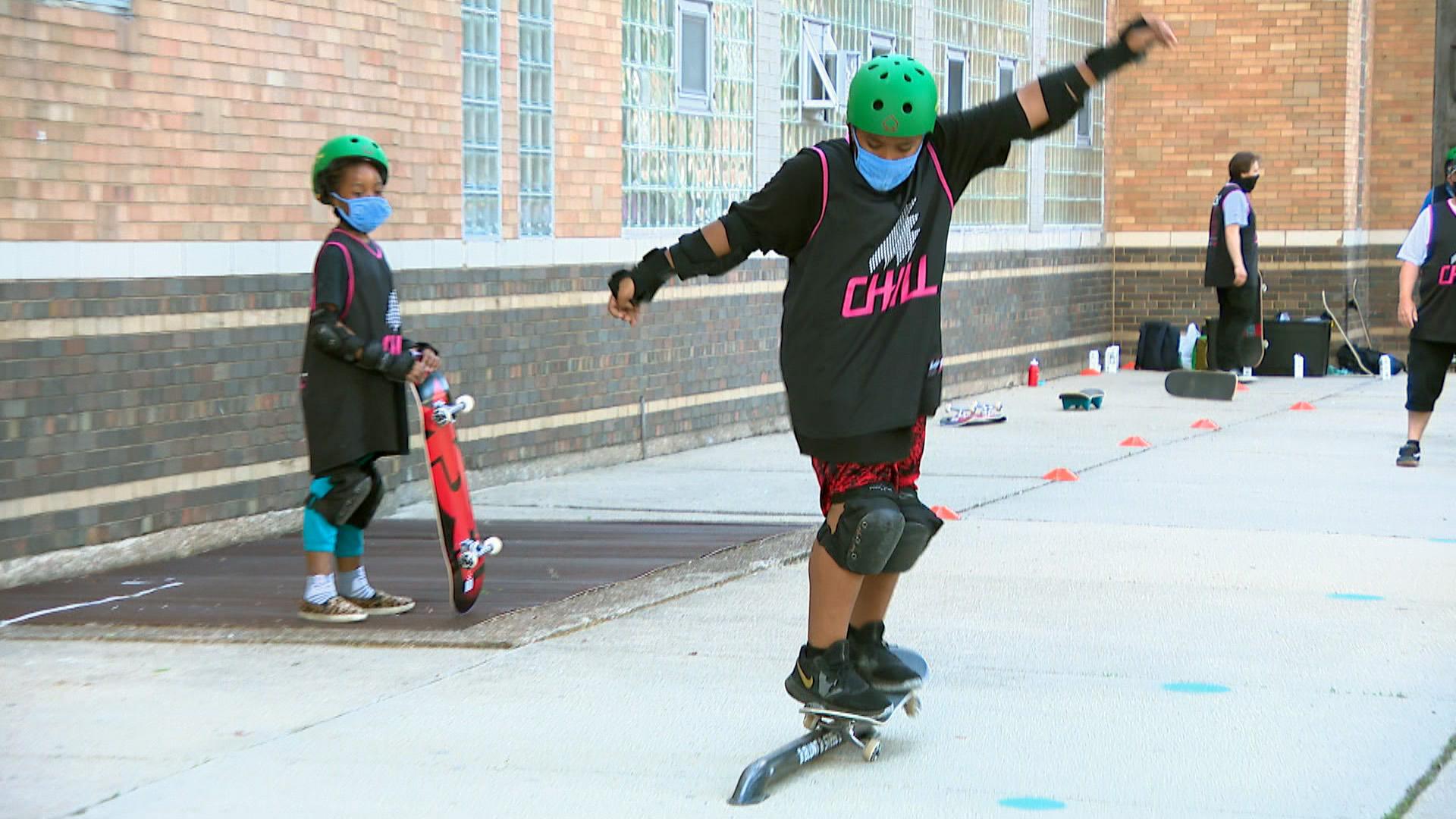 Marcos M., 10, grinds on a rail while skateboarding at the Chill Foundation’s spring skateboard program held at Louis L. Valentine Boys & Girls Club on May 26, 2021. (WTTW News)