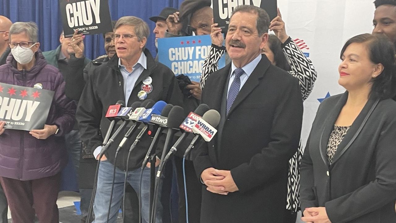 U.S. Rep. Jesús “Chuy” García speaks to reporters after filing his petitions for mayor on Nov. 28, 2022. (Heather Cherone / WTTW News)