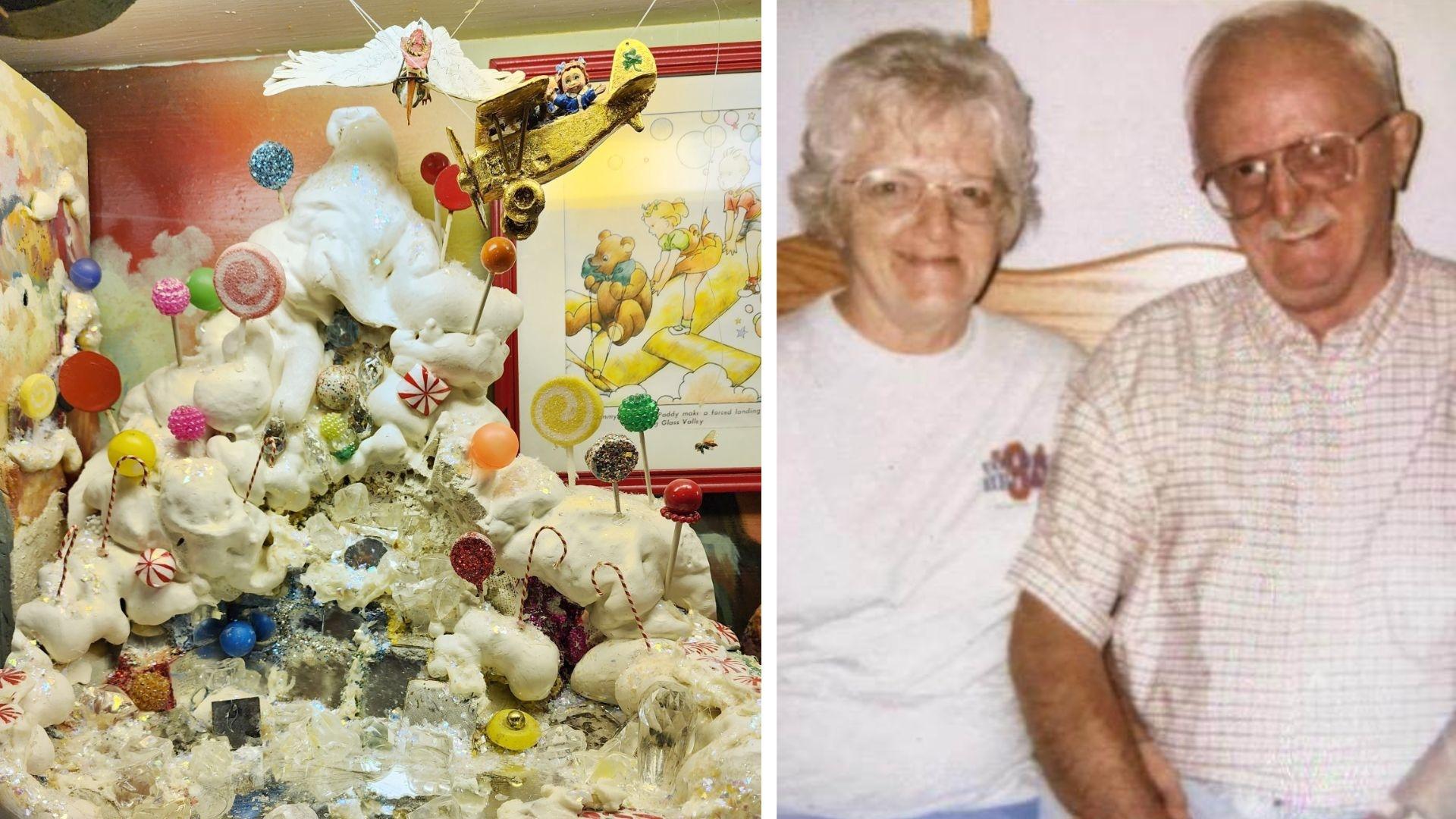 Left: A scene from Ronald Konecki’s Maybeland diorama. (Erica Gunderson / WTTW News) Right: Leola and Ronald Konecki. (Provided)