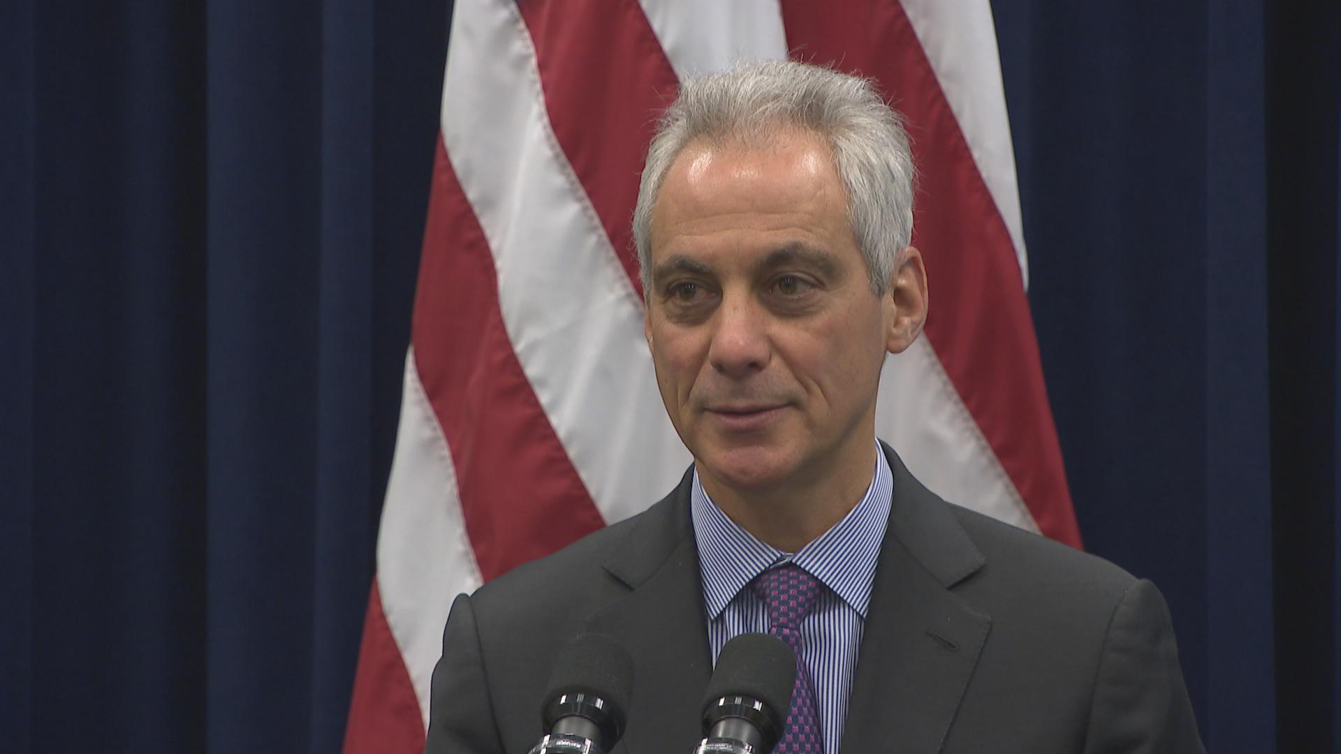 Mayor Rahm Emanuel speaks to the press following City Council’s approval of two controversial developments on Wednesday, March 13, 2019. (Chicago Tonight)