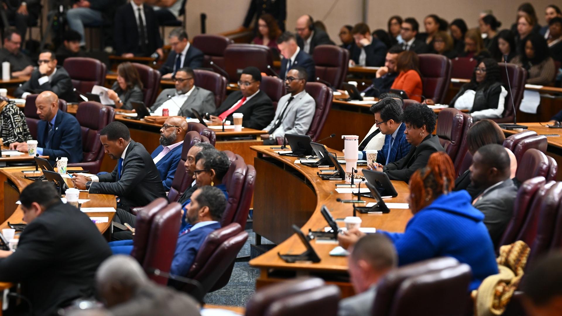Members of the Chicago City Council listen to Mayor Brandon Johnson's budget address on Oct. 21, 2026. (Victor Hilitski / WTTW News)