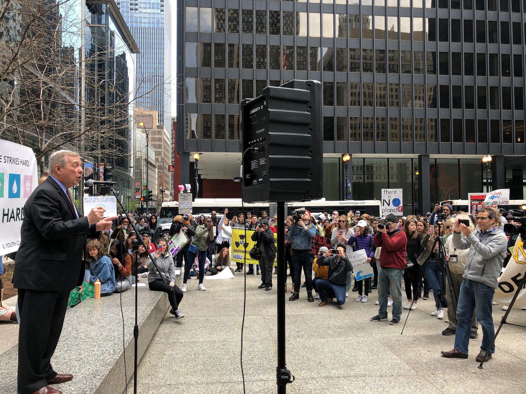 U.S. Sen. Dick Durbin speaks to students at a Youth Climate Strike event in Chicago on Friday, May 3, 2019. (Alex Ruppenthal / WTTW News)