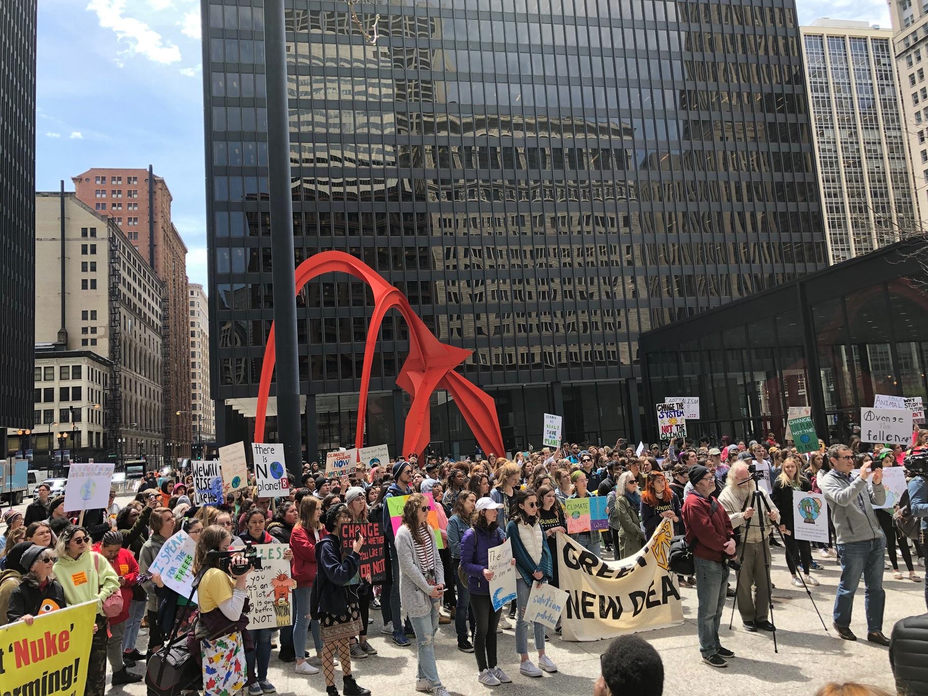 Chicago-area students rallied at Federal Plaza in downtown Chicago as part of the Youth Climate Strike, a global movement aimed at tackling climate change. (Alex Ruppenthal / WTTW News)