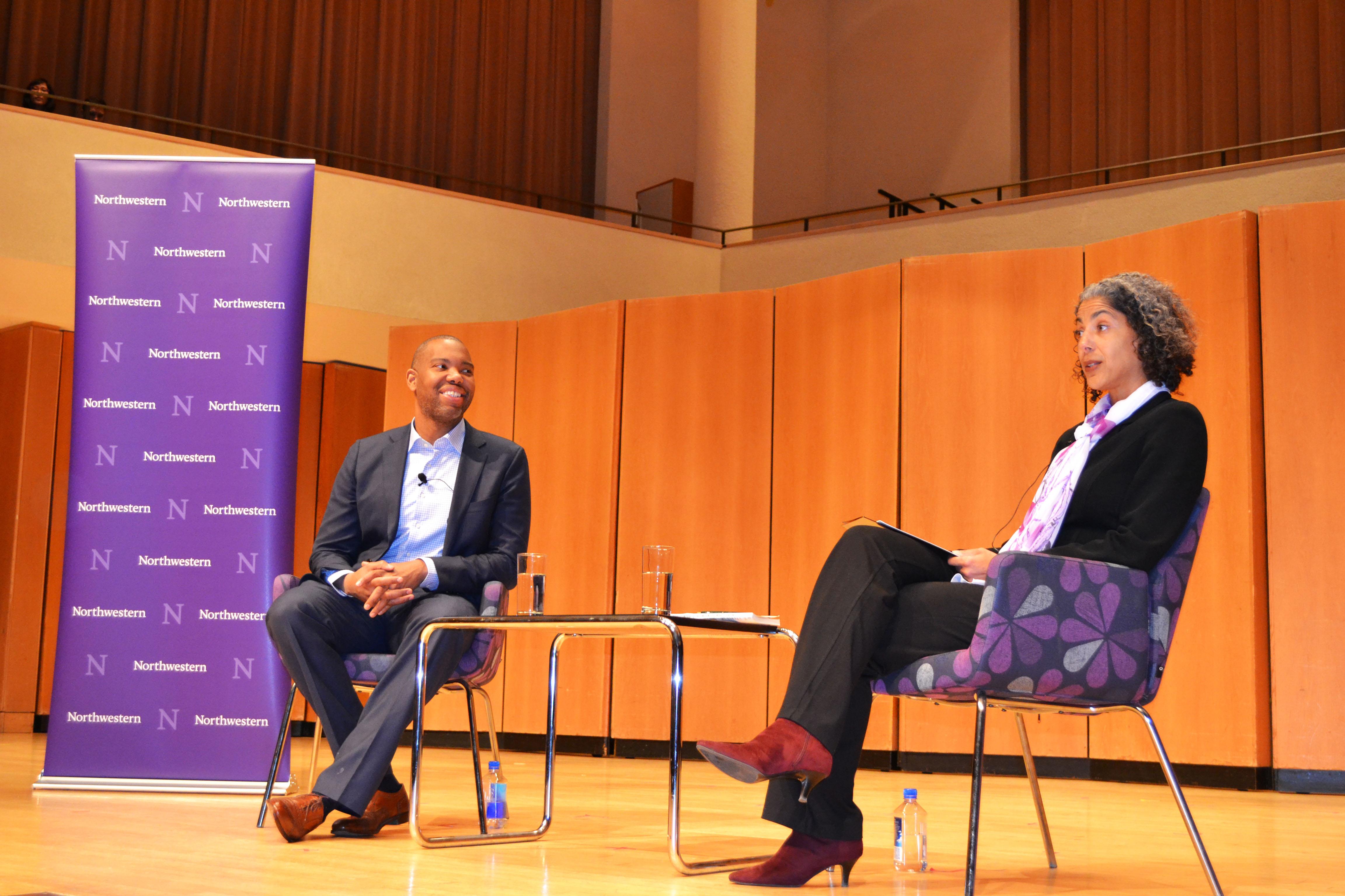 Ta-Nehisi Coates discusses politics, race, journalism and identity with Northwestern University professor Mary Pattillo on Jan. 31. (Maya Miller / Chicago Tonight)