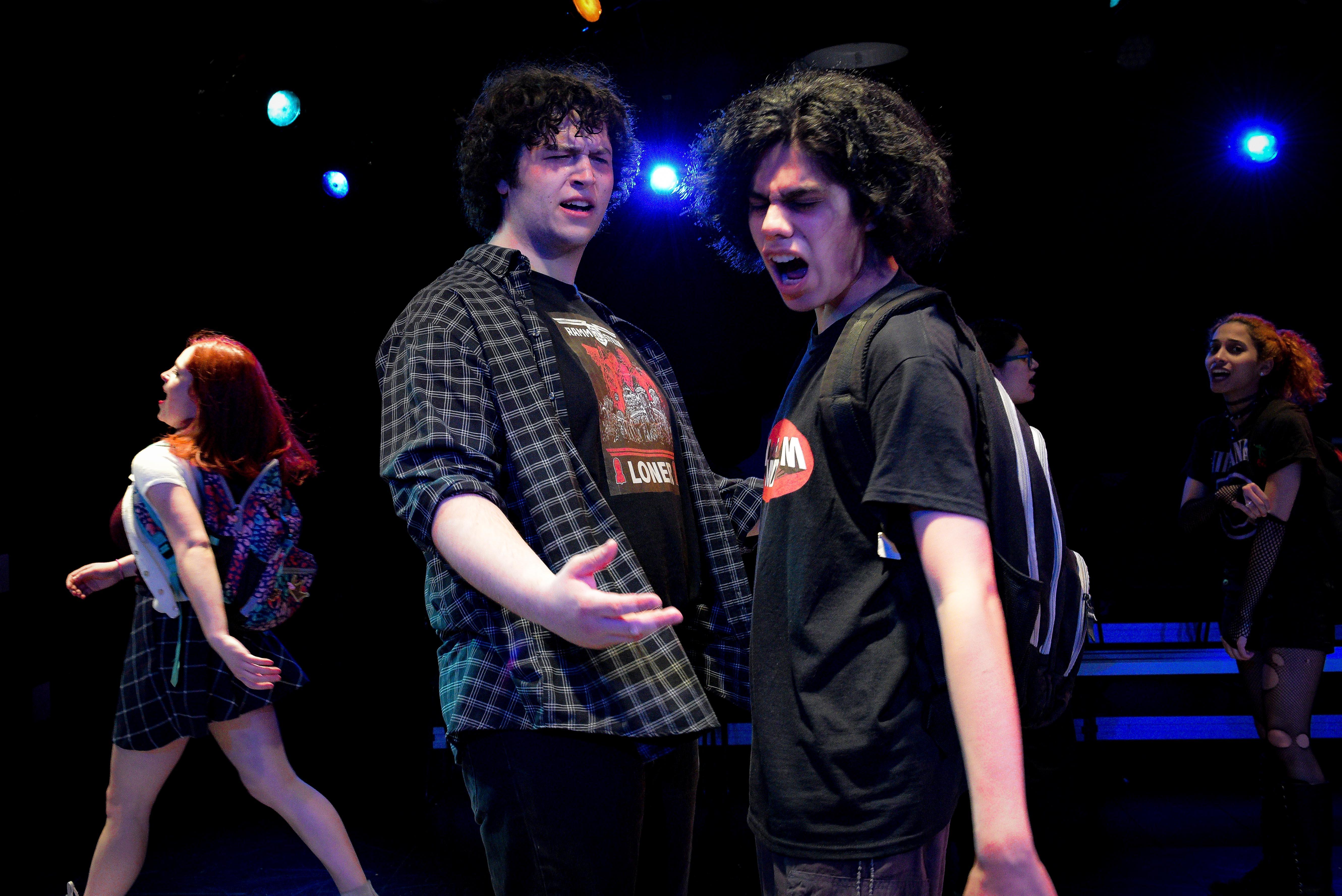 From left: Danielle Chmielewski, Brian Baren, Ervin Tobar and Iza Rodriguez in The Yard’s production of “Columbinus.” (Credit: Evan Hanover)