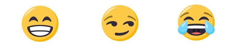 From left: Beaming face with smiling eyes; smirking face; face with tears of joy. (Emoji artwork provided by EmojiOne)