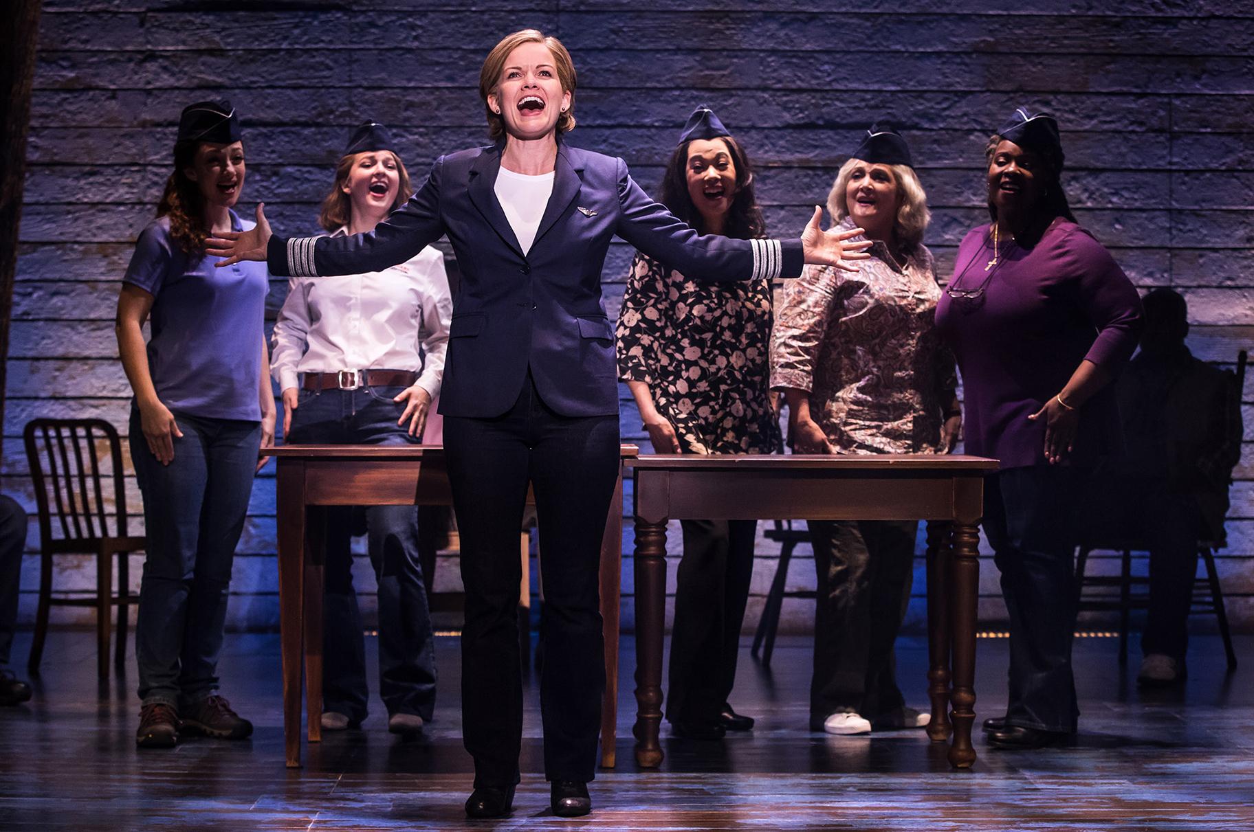 In “Come From Away,” Becky Gulsvig plays Beverley, the pilot who worked long and hard to become the first female captain to fly for American Airlines. (Photo Credit: Matthew Murphy)
