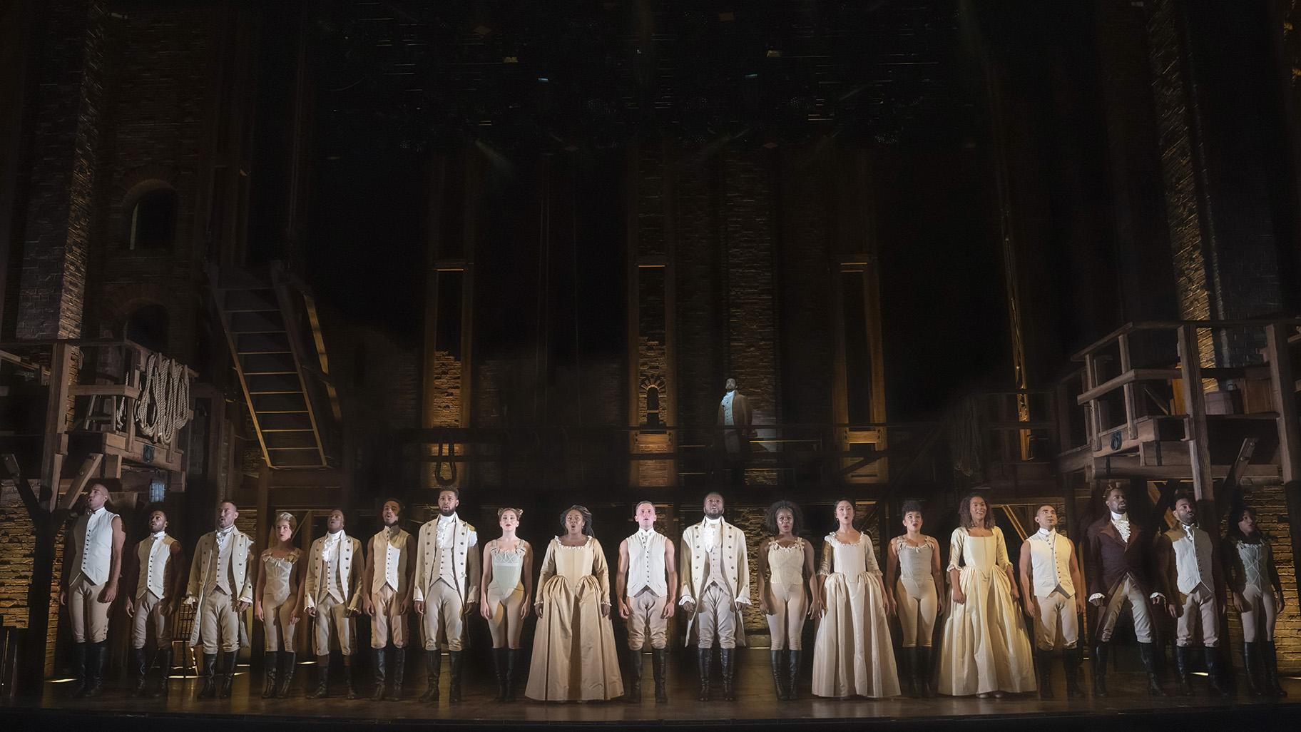 The cast of the touring company of “Hamilton” will perform at the Nederlander Theatre in Chicago. (Credit: Joan Marcus)
