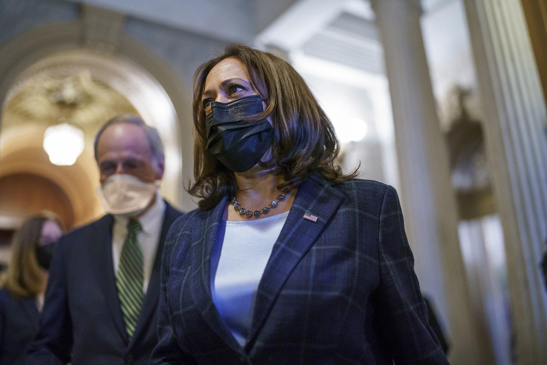 Vice President Kamala Harris departs the Capitol after the Senate voted to advance the  trillion bipartisan infrastructure bill, at the Capitol in Washington, Saturday, Aug. 7, 2021. (AP Photo / J. Scott Applewhite)