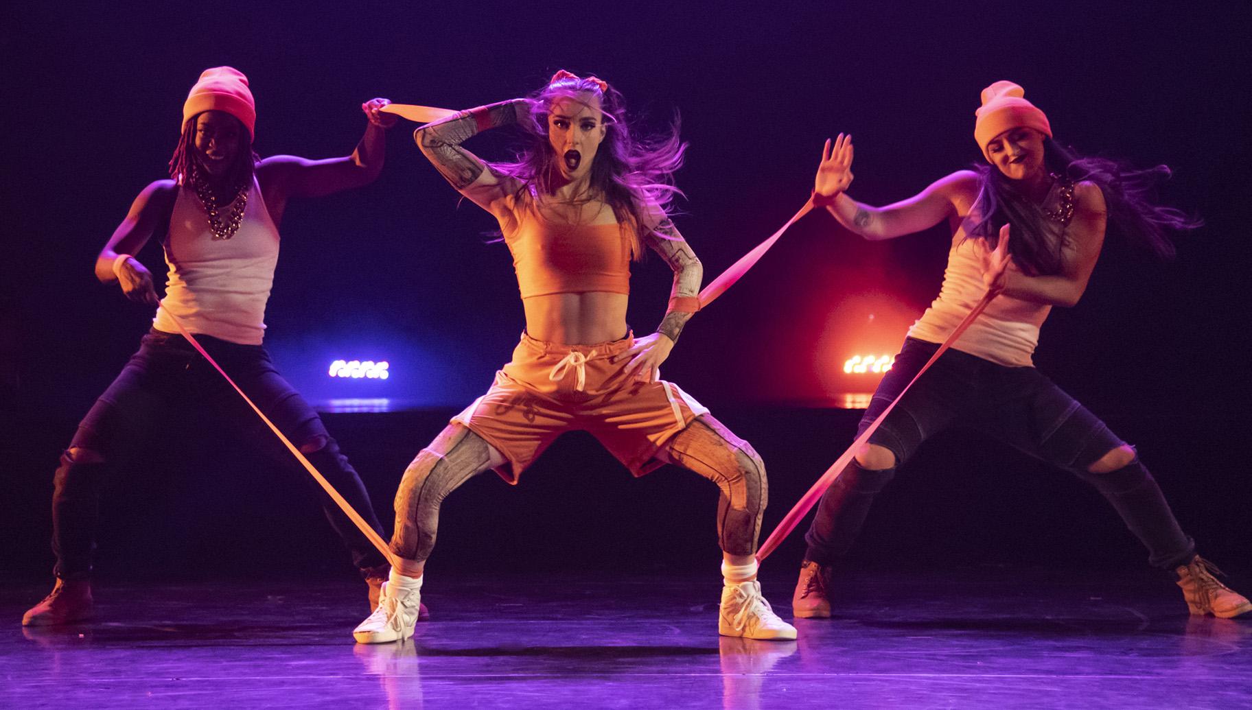 From left: Porscha Spells, KC Bevis and Kelsey Reiter in the Chicago Dance Crash world premiere production of “Lil Pine Nut: The Learning Curve of Pinocchio.” (Photo by Ashley Deran)