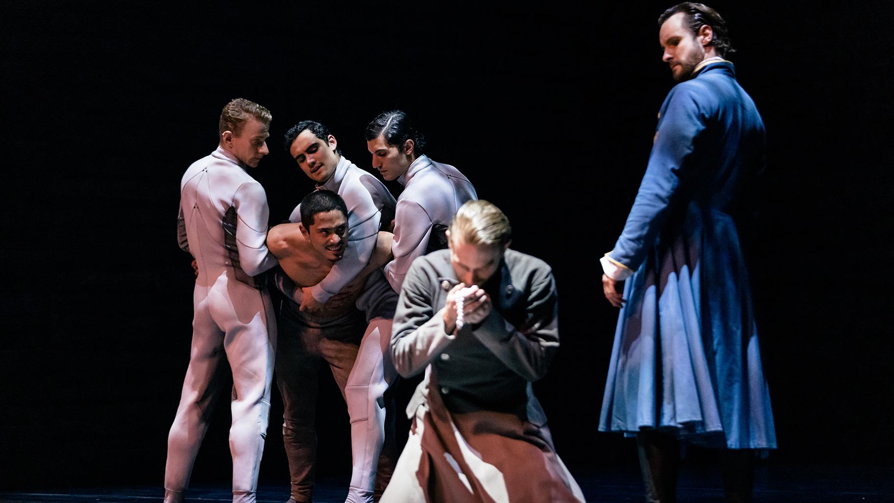 Jeffrey Cirio, Henry Dowden and James Streeter in Akram Khan’s “Creature.” (Courtesy of the English National Ballet)