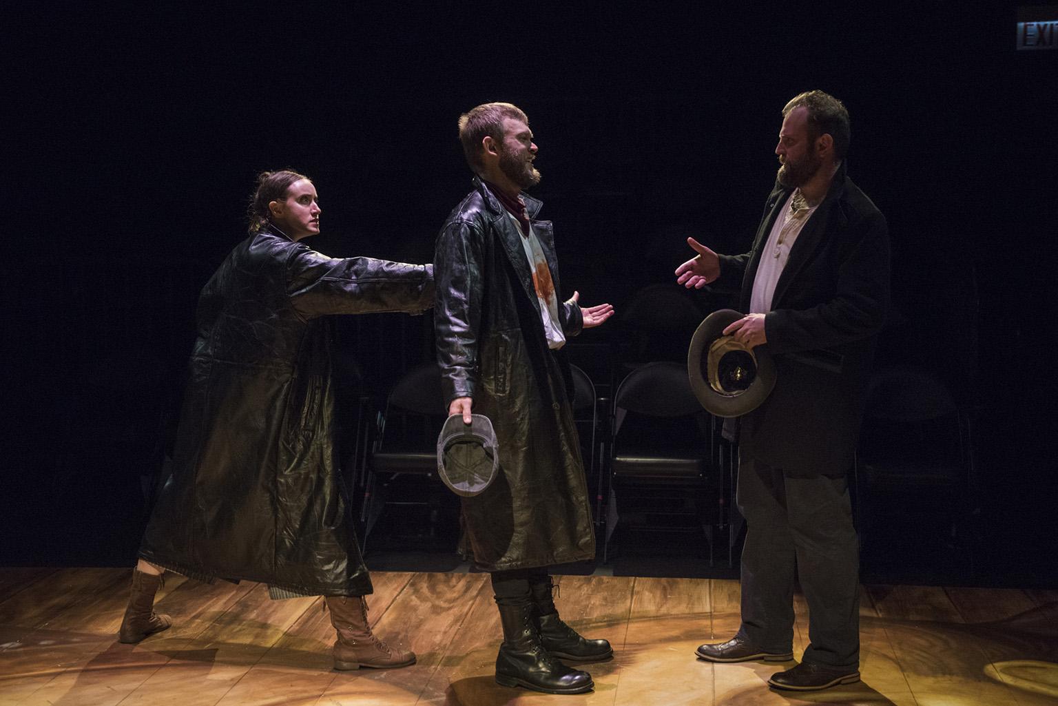 (From left) Christina Gorman, Drew Schad and Joseph Wiens in Shattered Globe Theatre’s new adaptation of of “Crime and Punishment.” (Photo by Michael Brosilow)